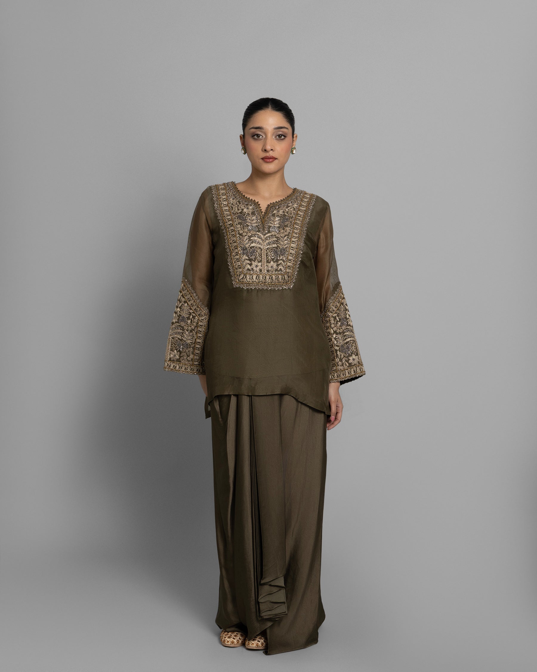 OLIVE GREEN ANTIQUE ZARDOZI KURTI WITH PLEATED SKIRT