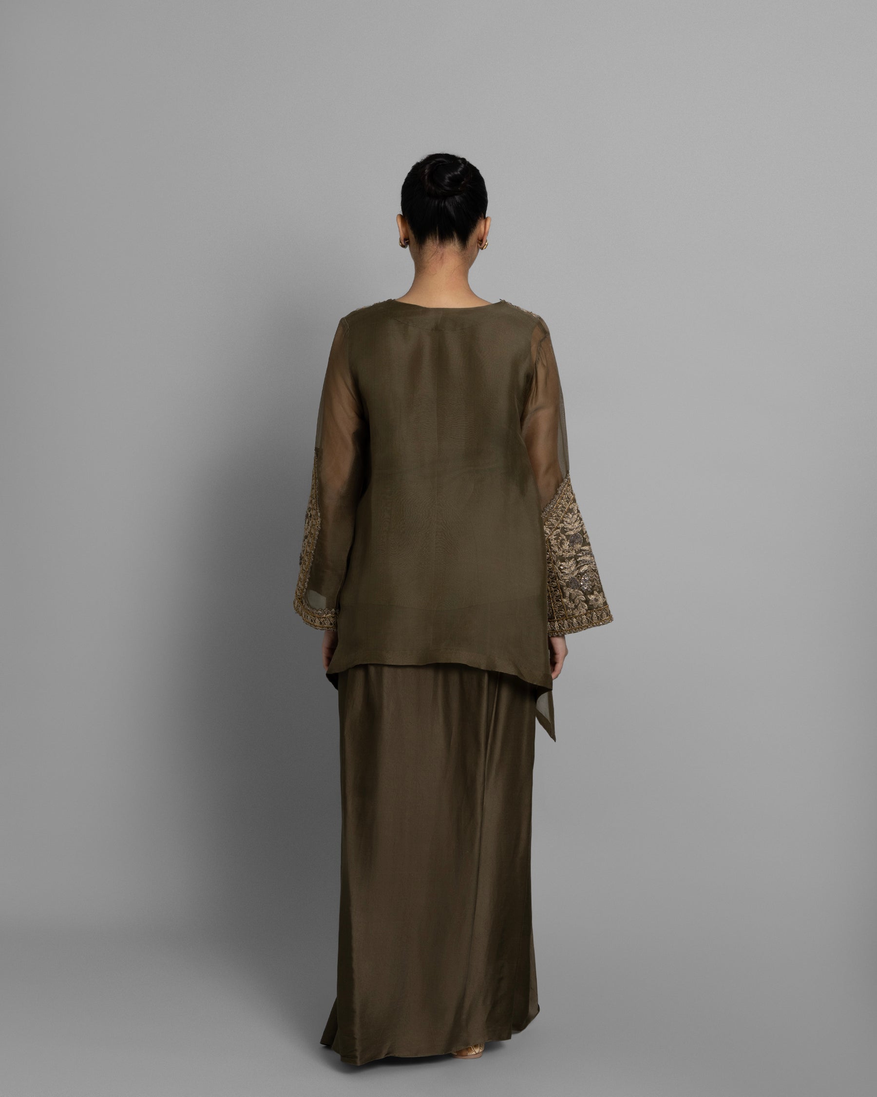 OLIVE GREEN ANTIQUE ZARDOZI KURTI WITH PLEATED SKIRT