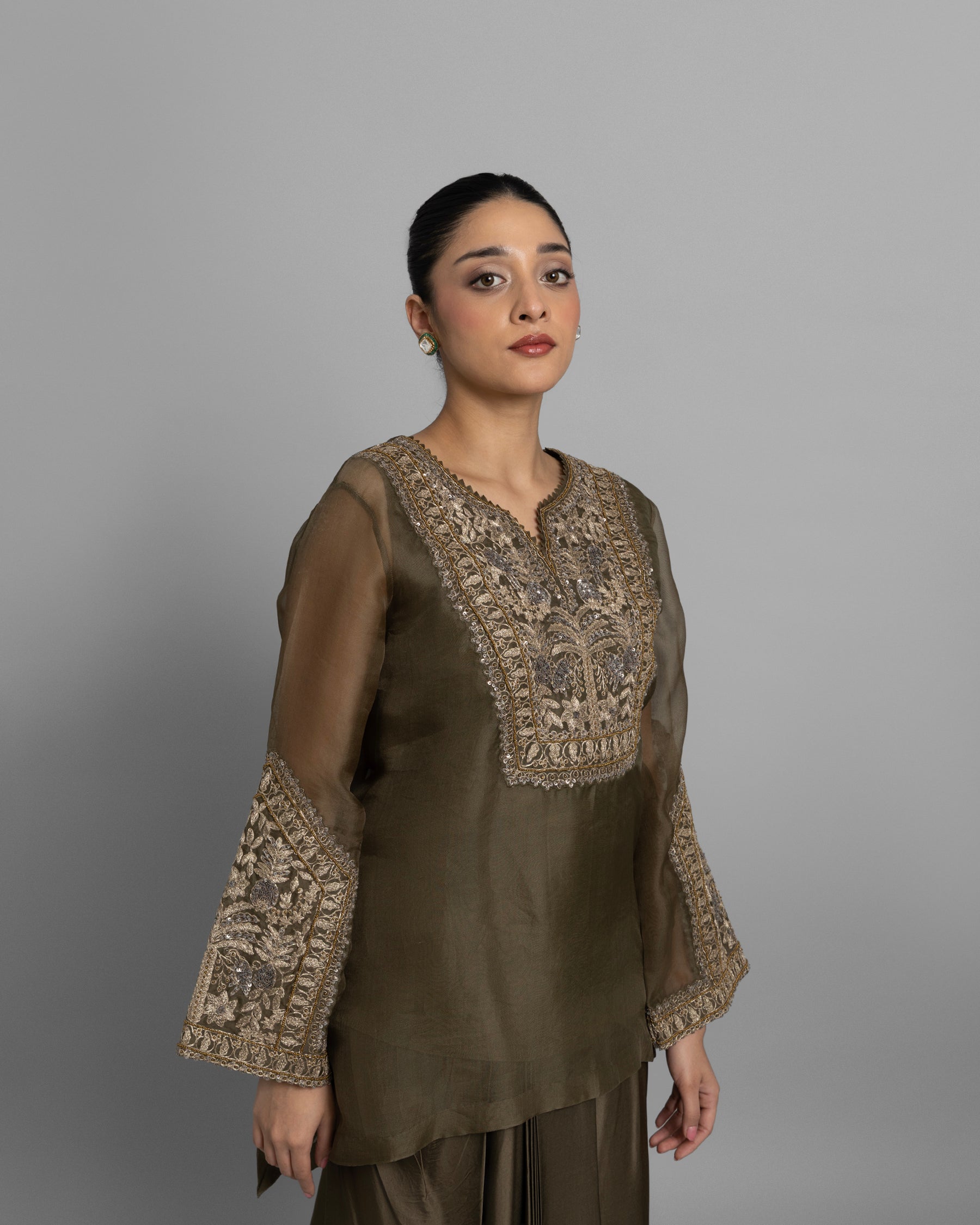 OLIVE GREEN ANTIQUE ZARDOZI KURTI WITH PLEATED SKIRT