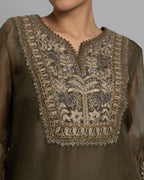 OLIVE GREEN ANTIQUE ZARDOZI KURTI WITH PLEATED SKIRT