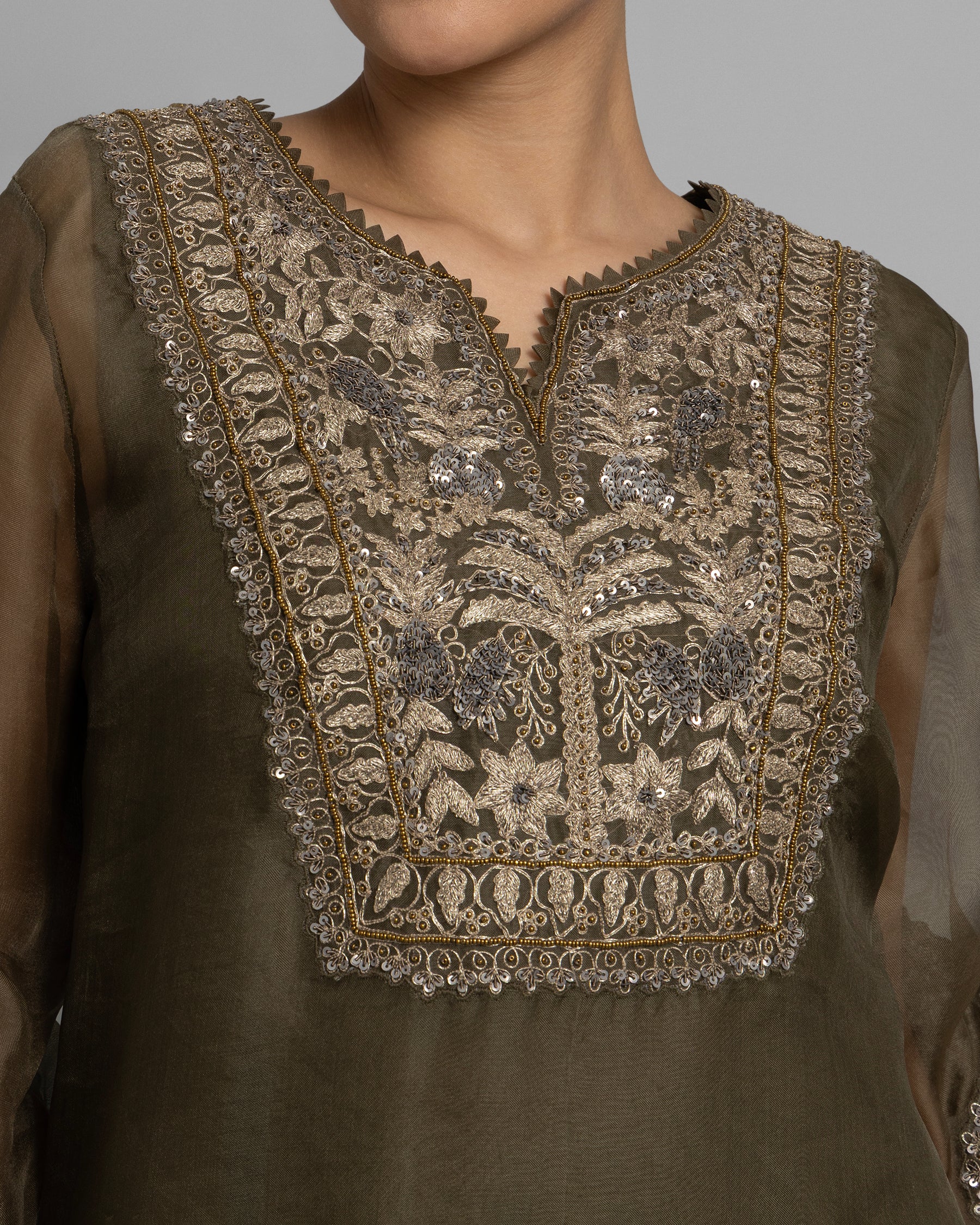 OLIVE GREEN ANTIQUE ZARDOZI KURTI WITH PLEATED SKIRT