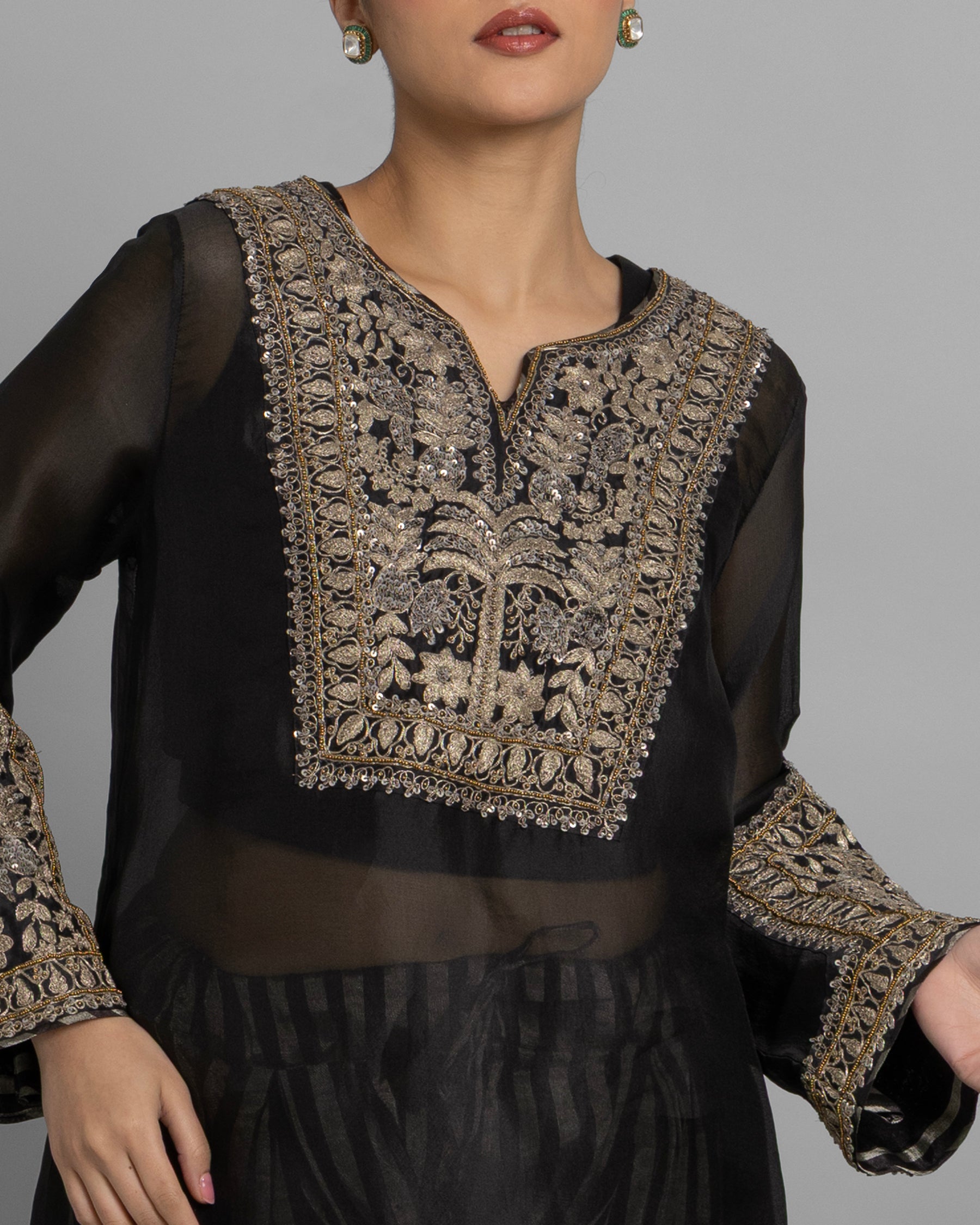 VINTAGE BLACK KURTI WITH STRIPED TISSUE FARSI SALWAR