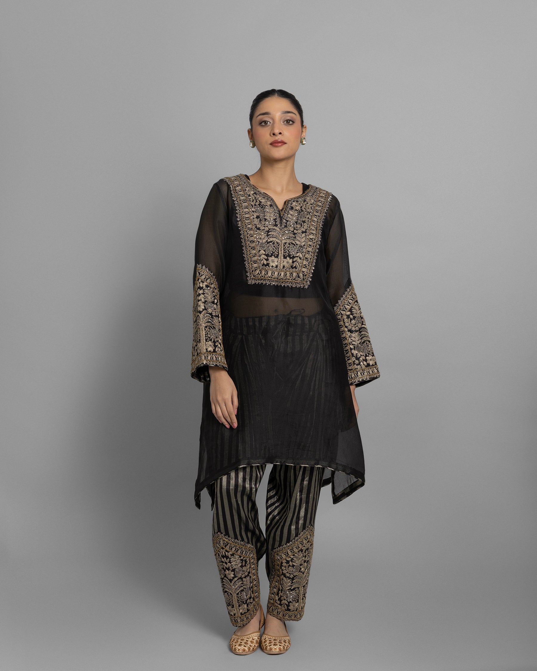 VINTAGE BLACK KURTI WITH STRIPED TISSUE FARSI SALWAR