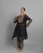 VINTAGE BLACK KURTI WITH STRIPED TISSUE FARSI SALWAR