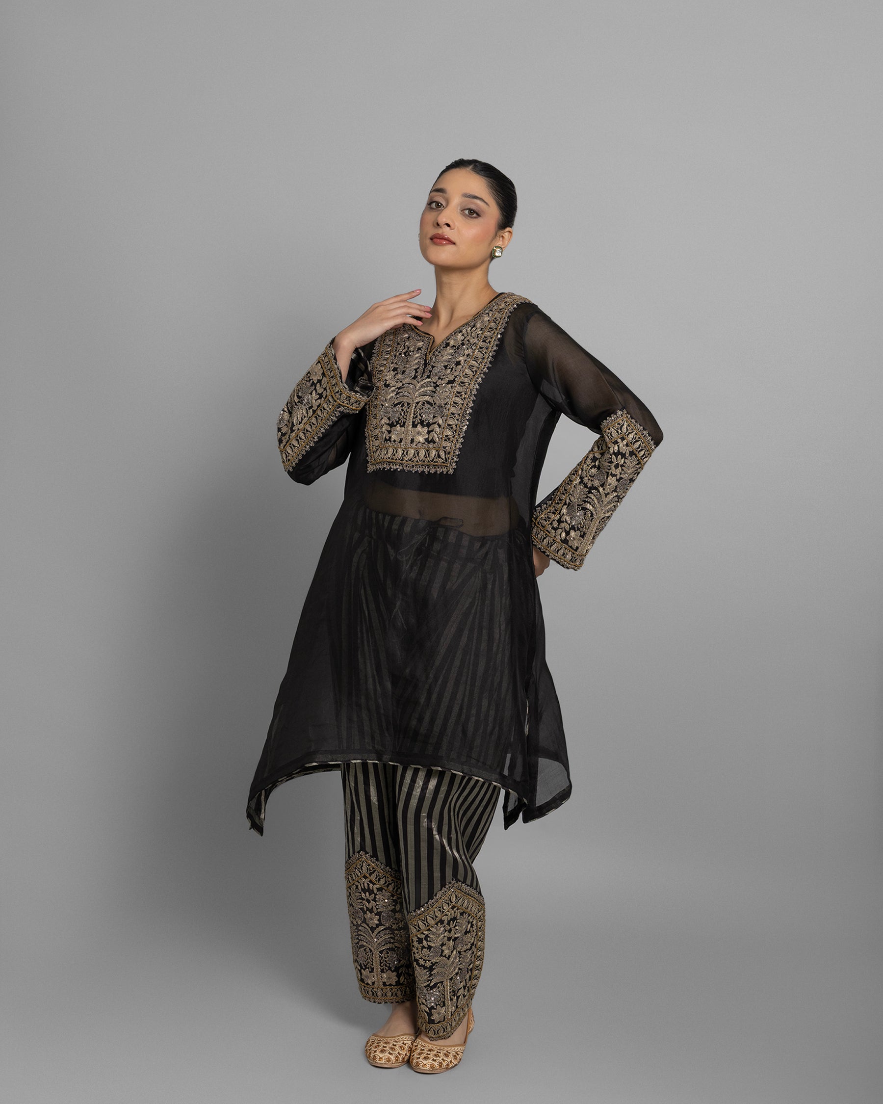 VINTAGE BLACK KURTI WITH STRIPED TISSUE FARSI SALWAR