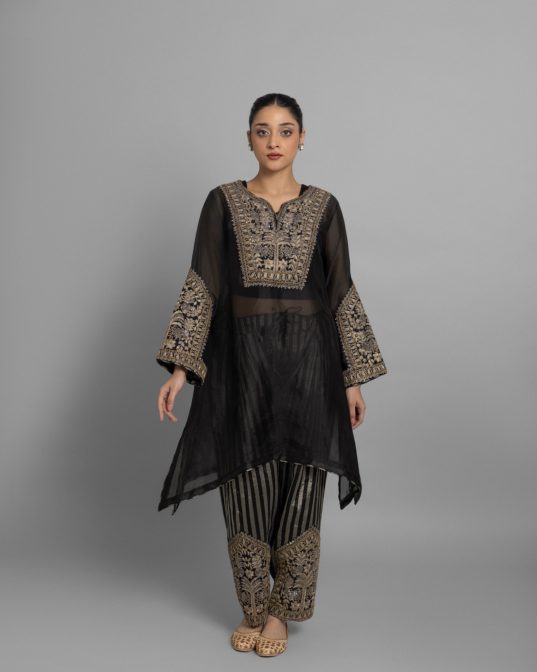 VINTAGE BLACK KURTI WITH STRIPED TISSUE FARSI SALWAR