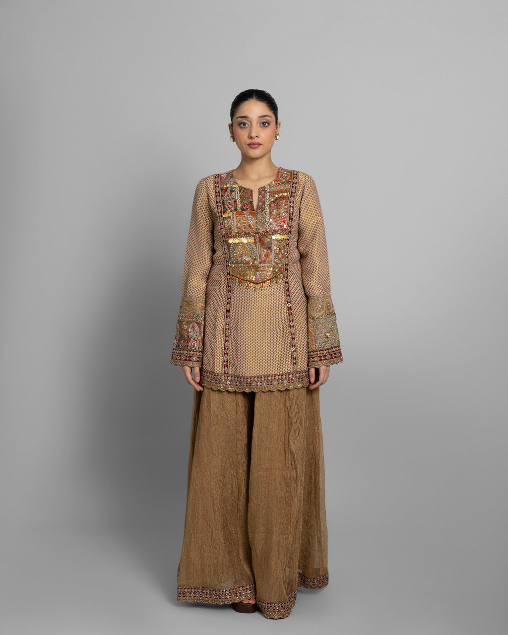 ANTIQUE GOLD TISSUE EMBROIDERED PALAZZO SET