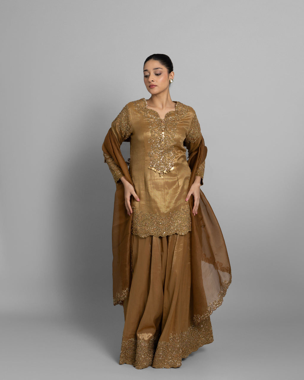 METALLIC GOLD TISSUE EMBROIDERED PALAZZO SET