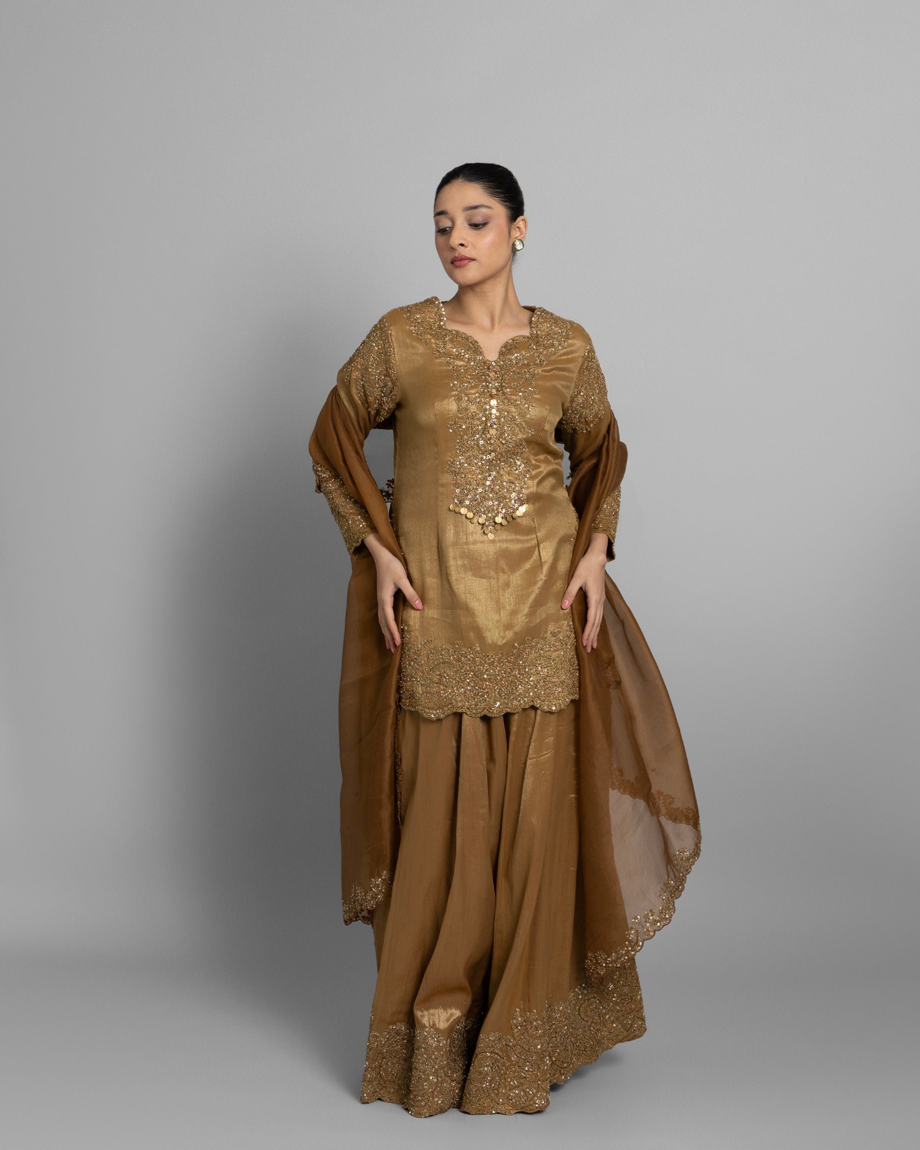 METALLIC GOLD TISSUE EMBROIDERED PALAZZO SET