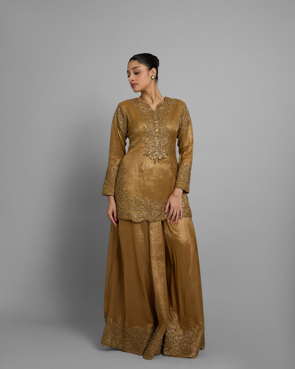 METALLIC GOLD TISSUE EMBROIDERED PALAZZO SET