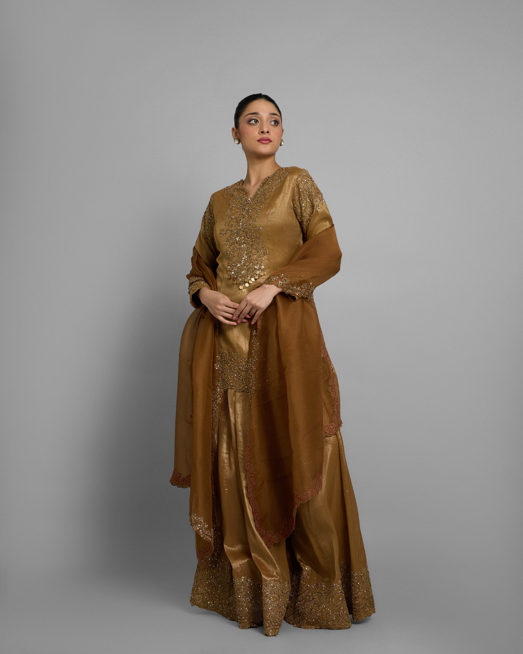 METALLIC GOLD TISSUE EMBROIDERED PALAZZO SET