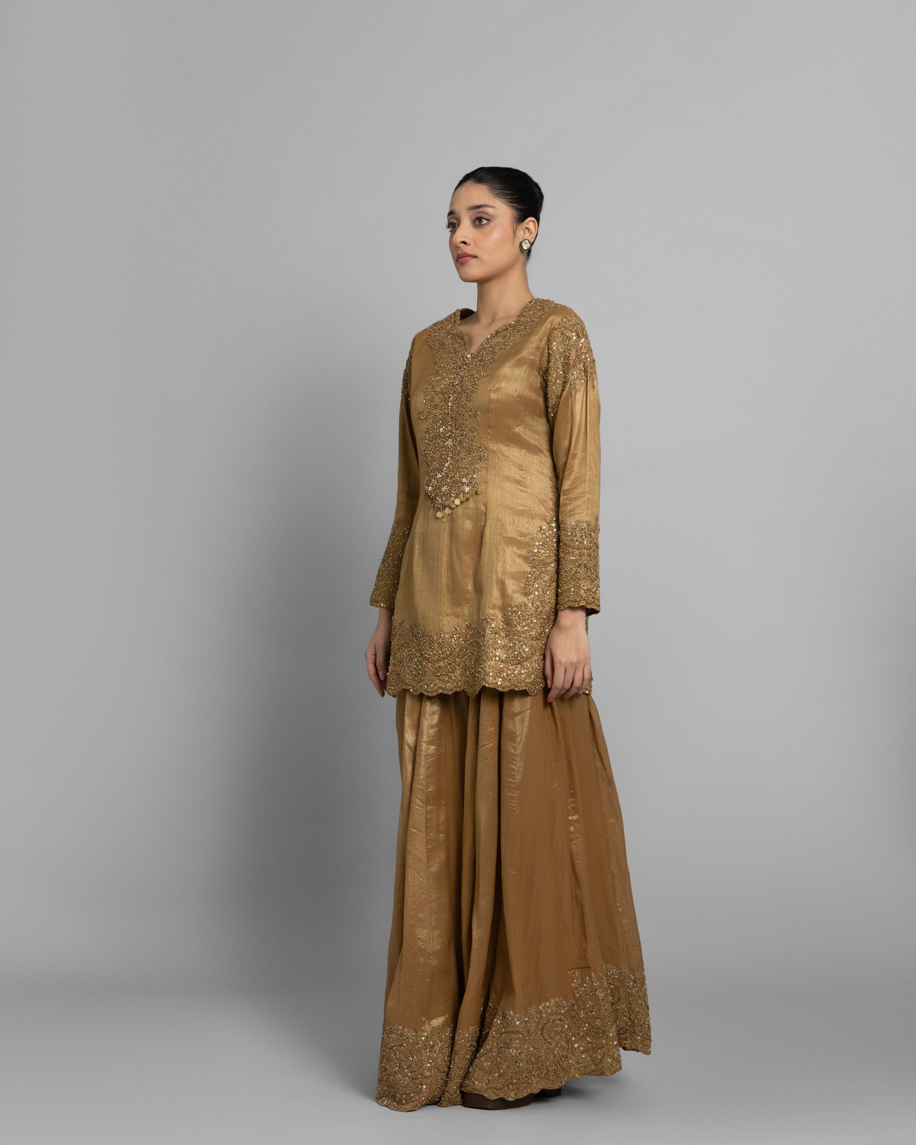 METALLIC GOLD TISSUE EMBROIDERED PALAZZO SET