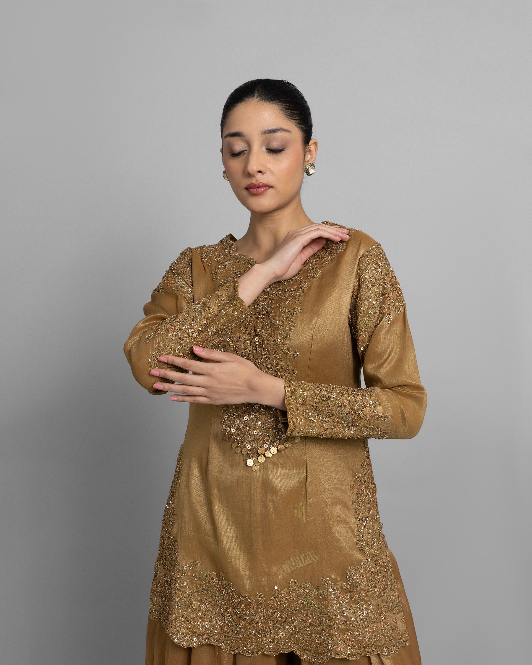 METALLIC GOLD TISSUE EMBROIDERED PALAZZO SET