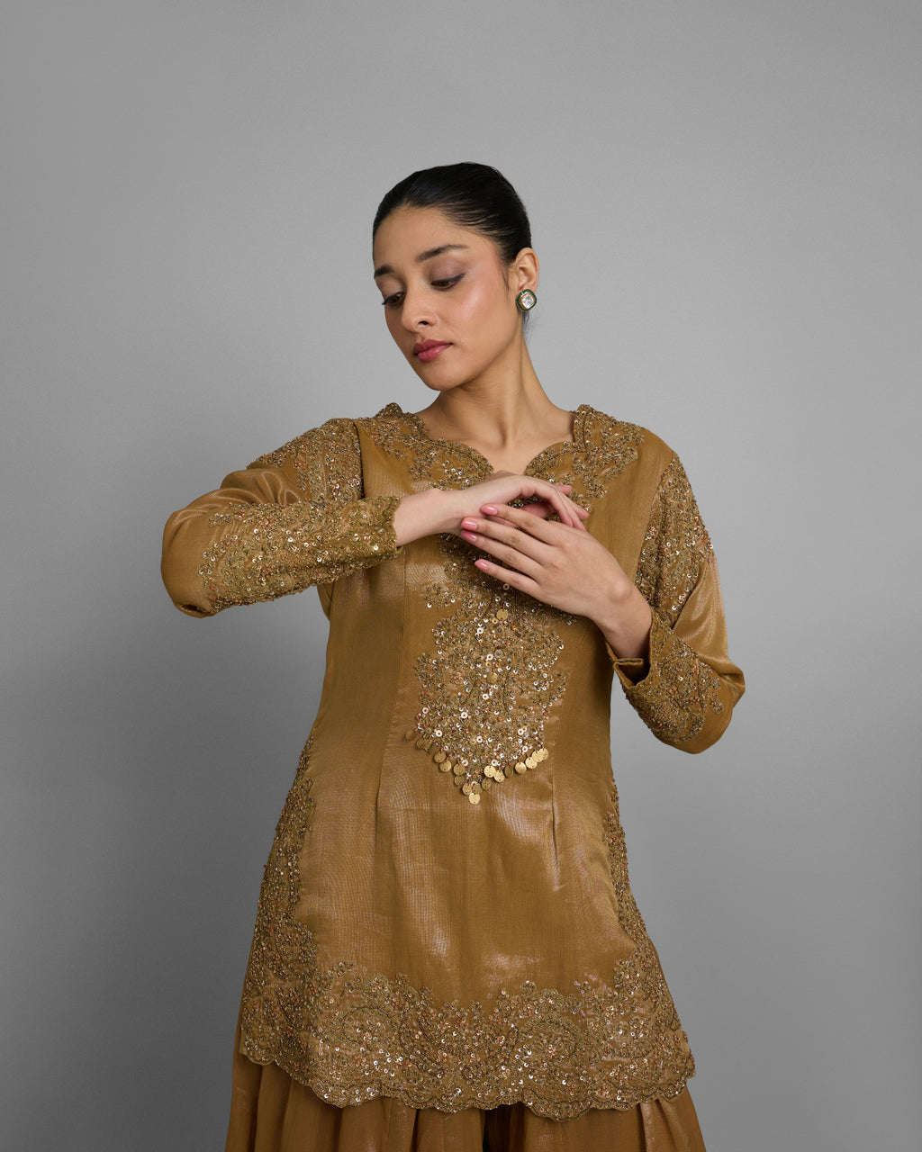 METALLIC GOLD TISSUE EMBROIDERED PALAZZO SET