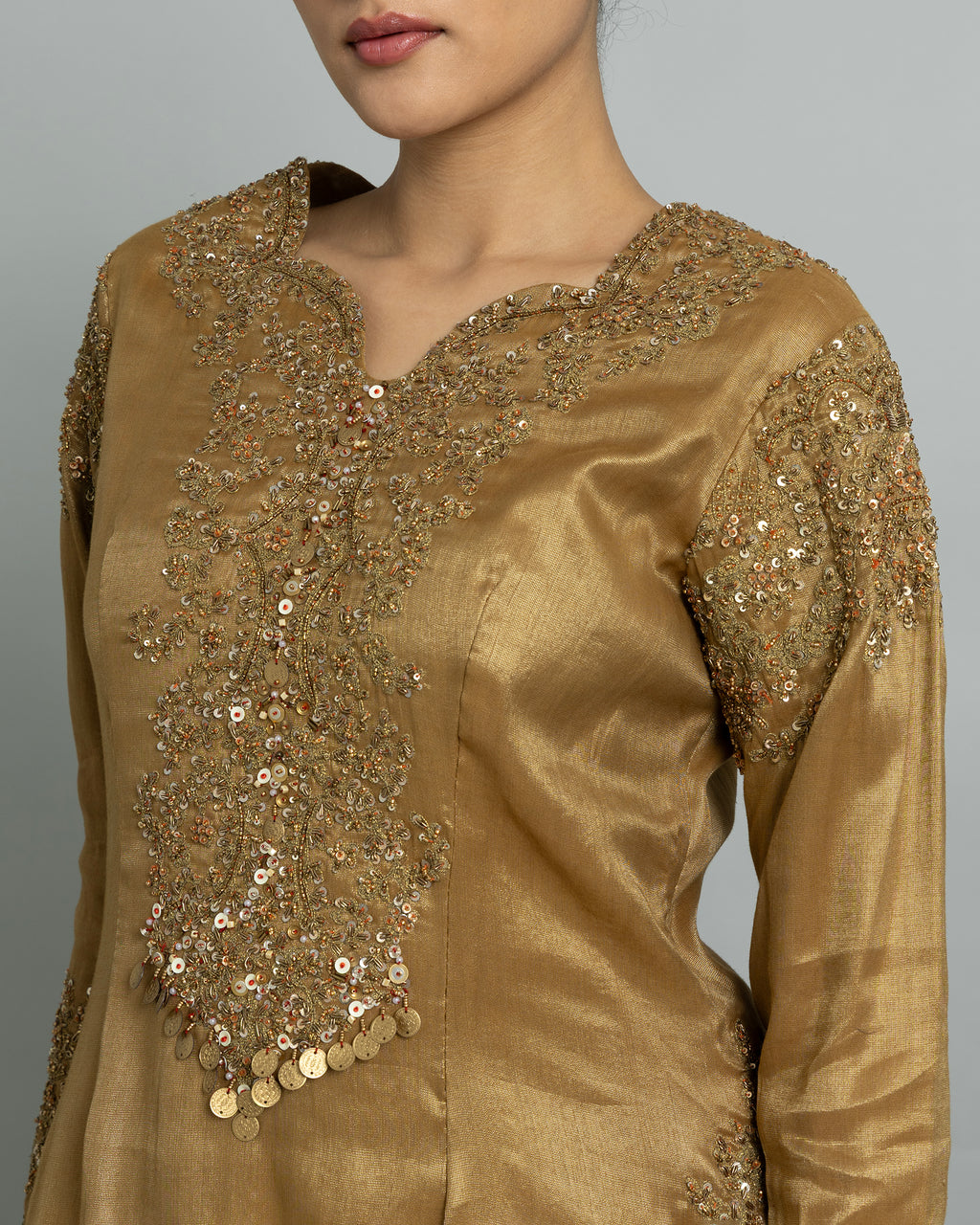 METALLIC GOLD TISSUE EMBROIDERED PALAZZO SET