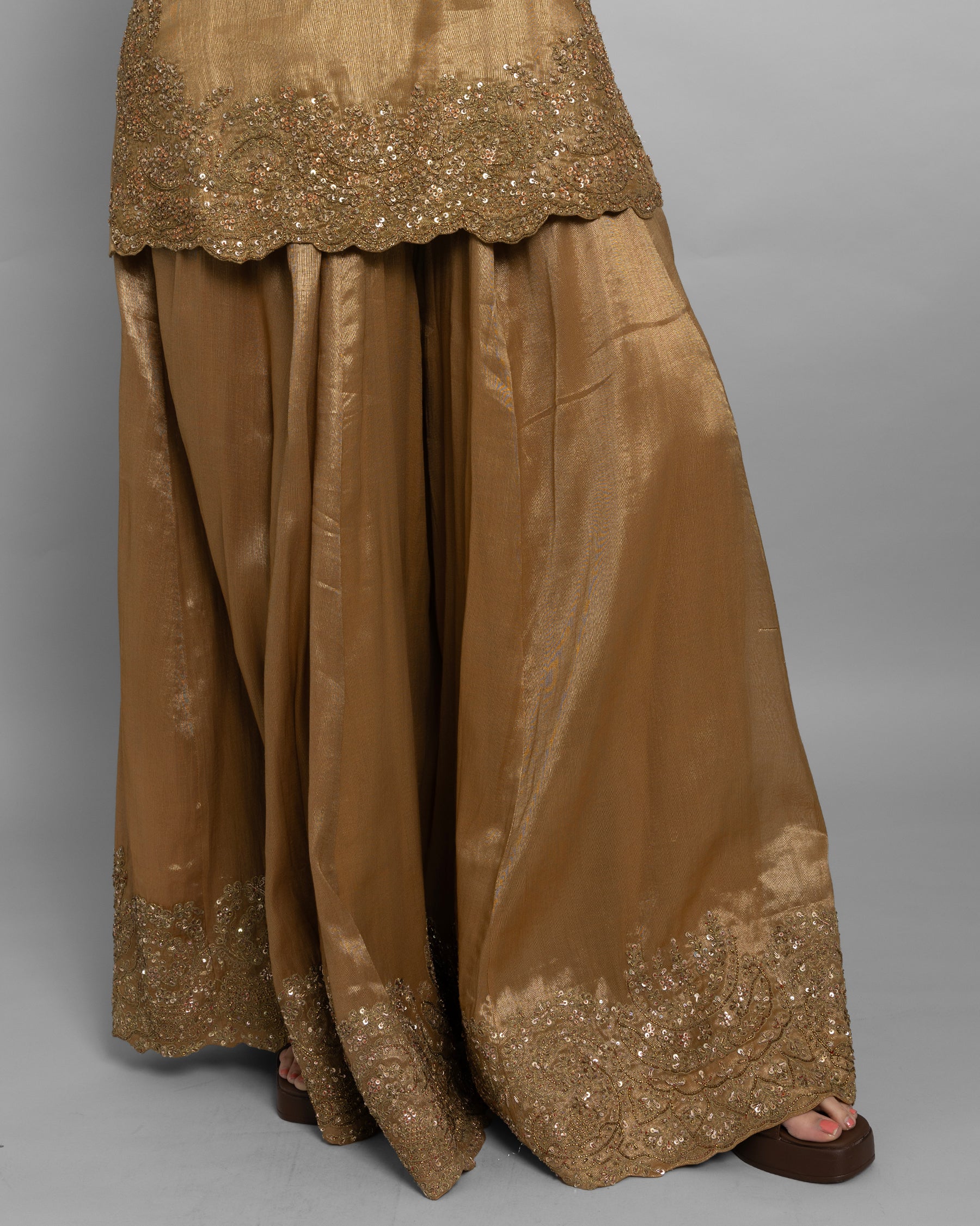 METALLIC GOLD TISSUE EMBROIDERED PALAZZO SET