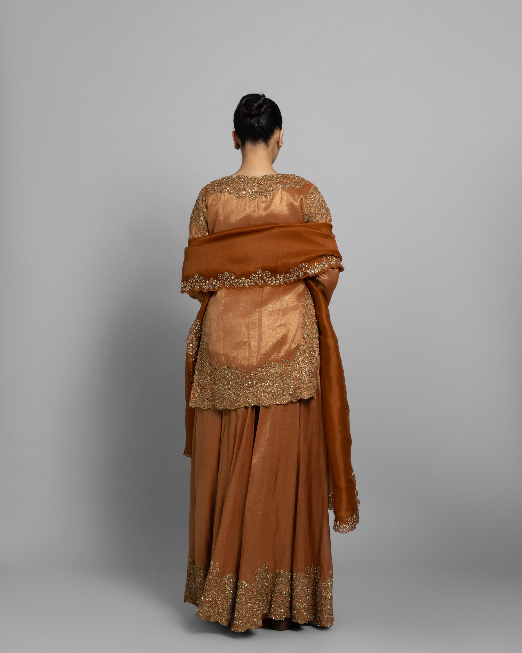 COPPER GOLD TISSUE EMBROIDERED PALAZZO SET