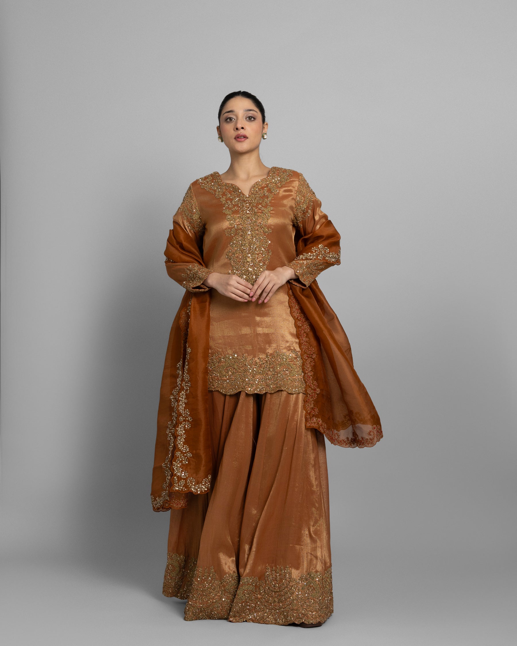 COPPER GOLD TISSUE EMBROIDERED PALAZZO SET