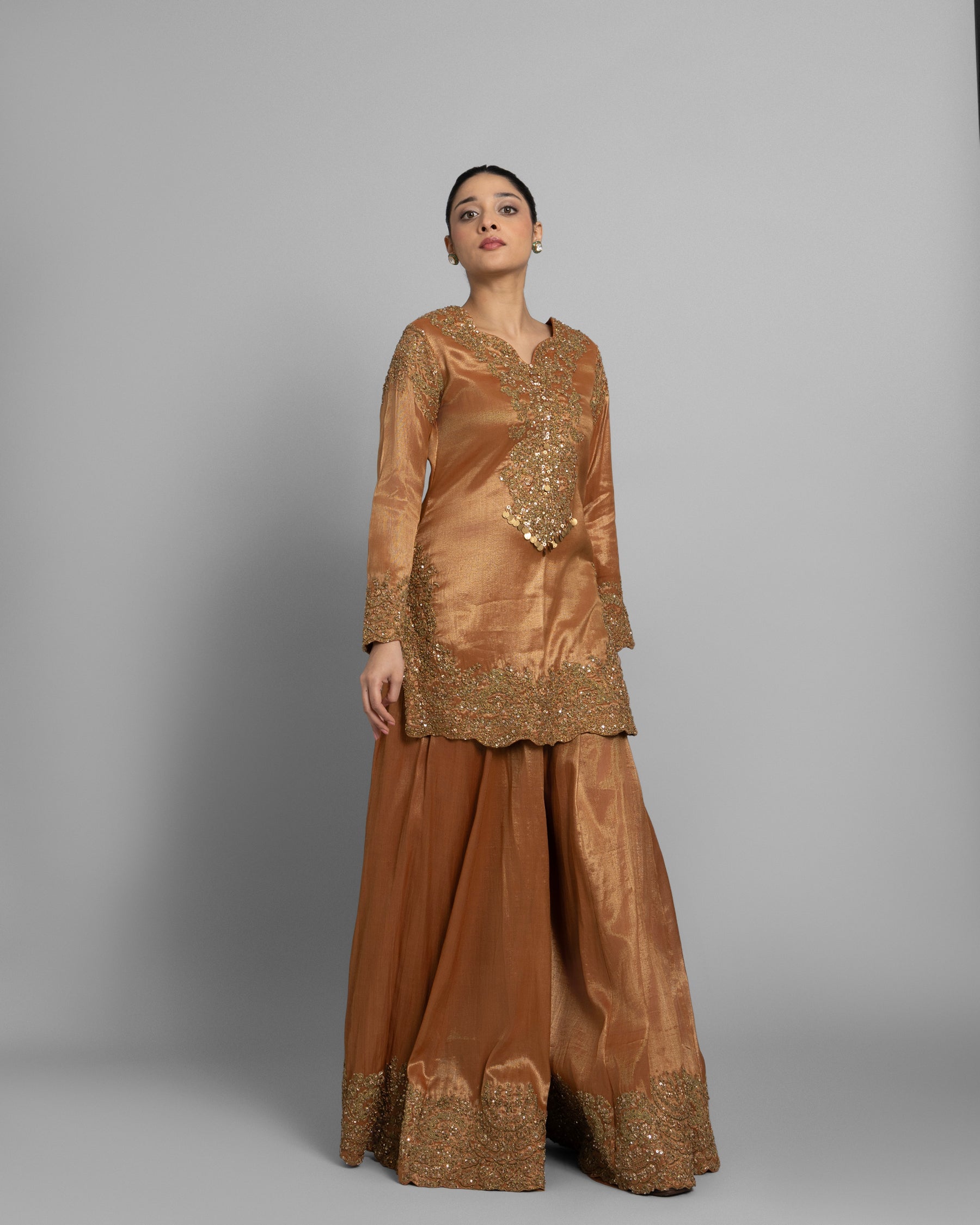 COPPER GOLD TISSUE EMBROIDERED PALAZZO SET