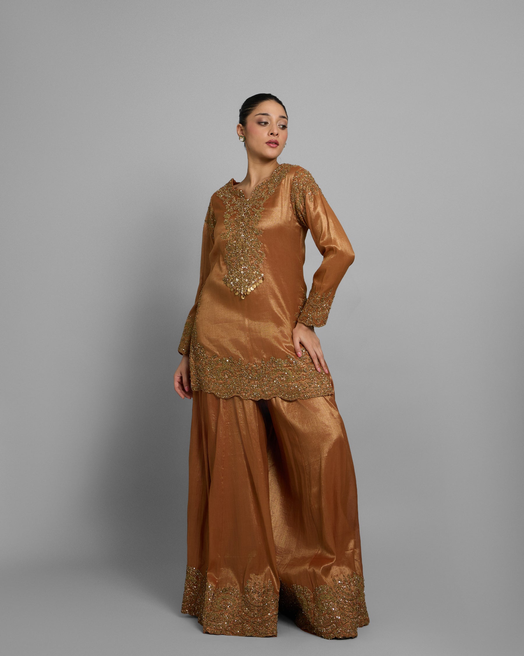 COPPER GOLD TISSUE EMBROIDERED PALAZZO SET