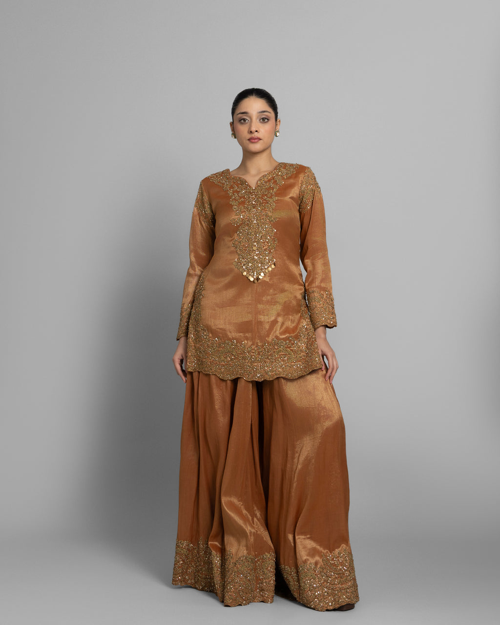 COPPER GOLD TISSUE EMBROIDERED PALAZZO SET