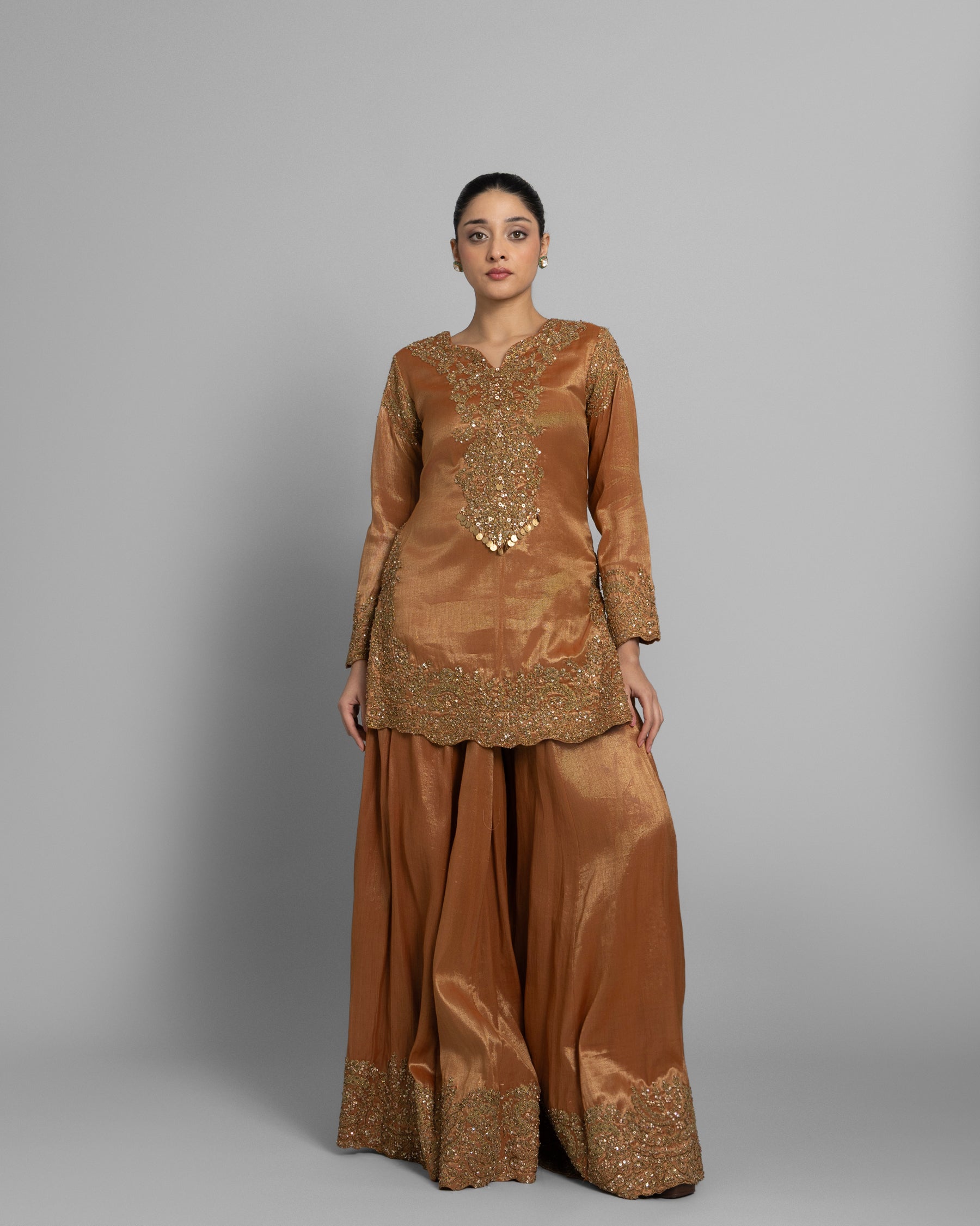 COPPER GOLD TISSUE EMBROIDERED PALAZZO SET