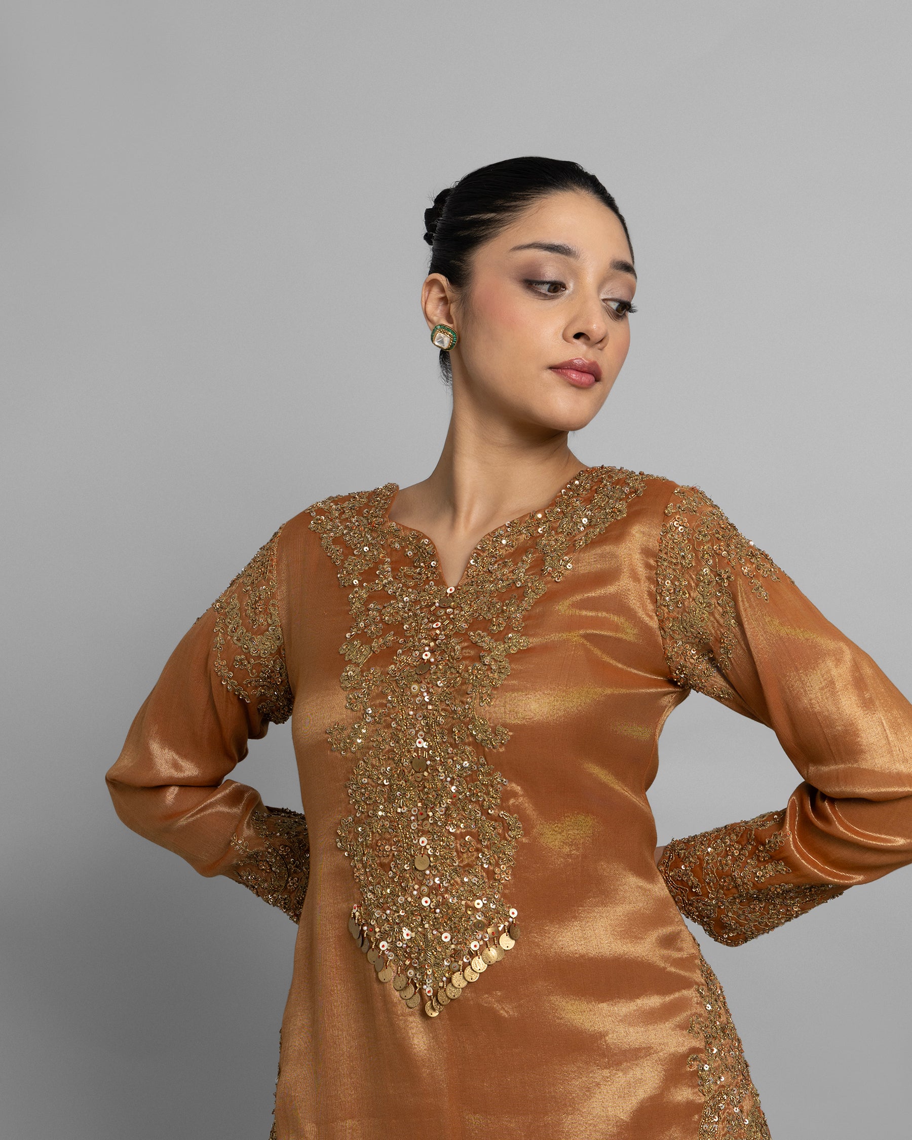 COPPER GOLD TISSUE EMBROIDERED PALAZZO SET