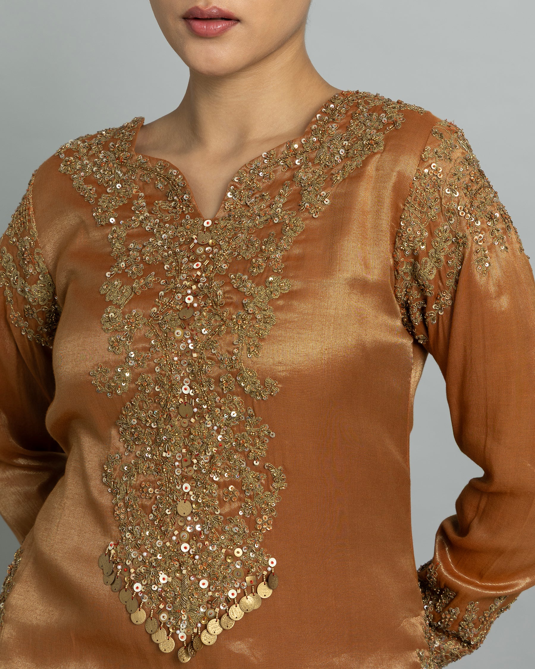 COPPER GOLD TISSUE EMBROIDERED PALAZZO SET