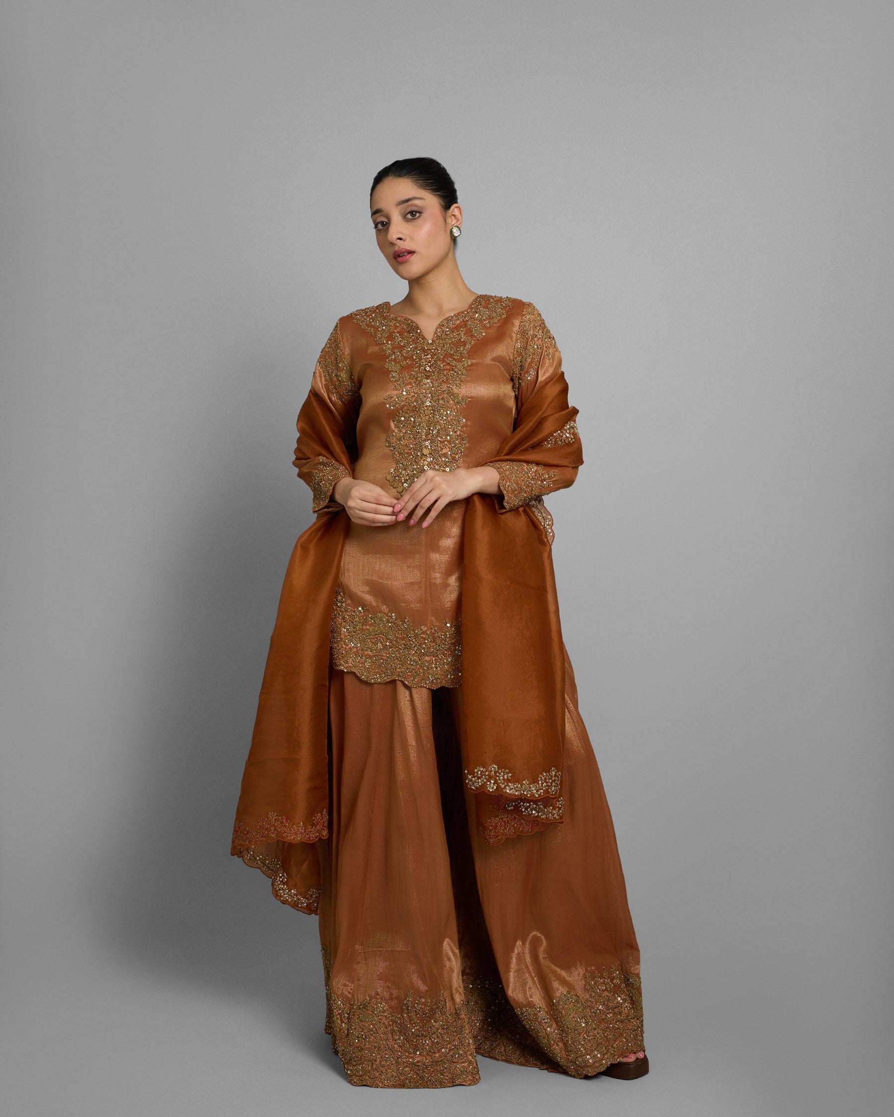 COPPER GOLD TISSUE EMBROIDERED PALAZZO SET