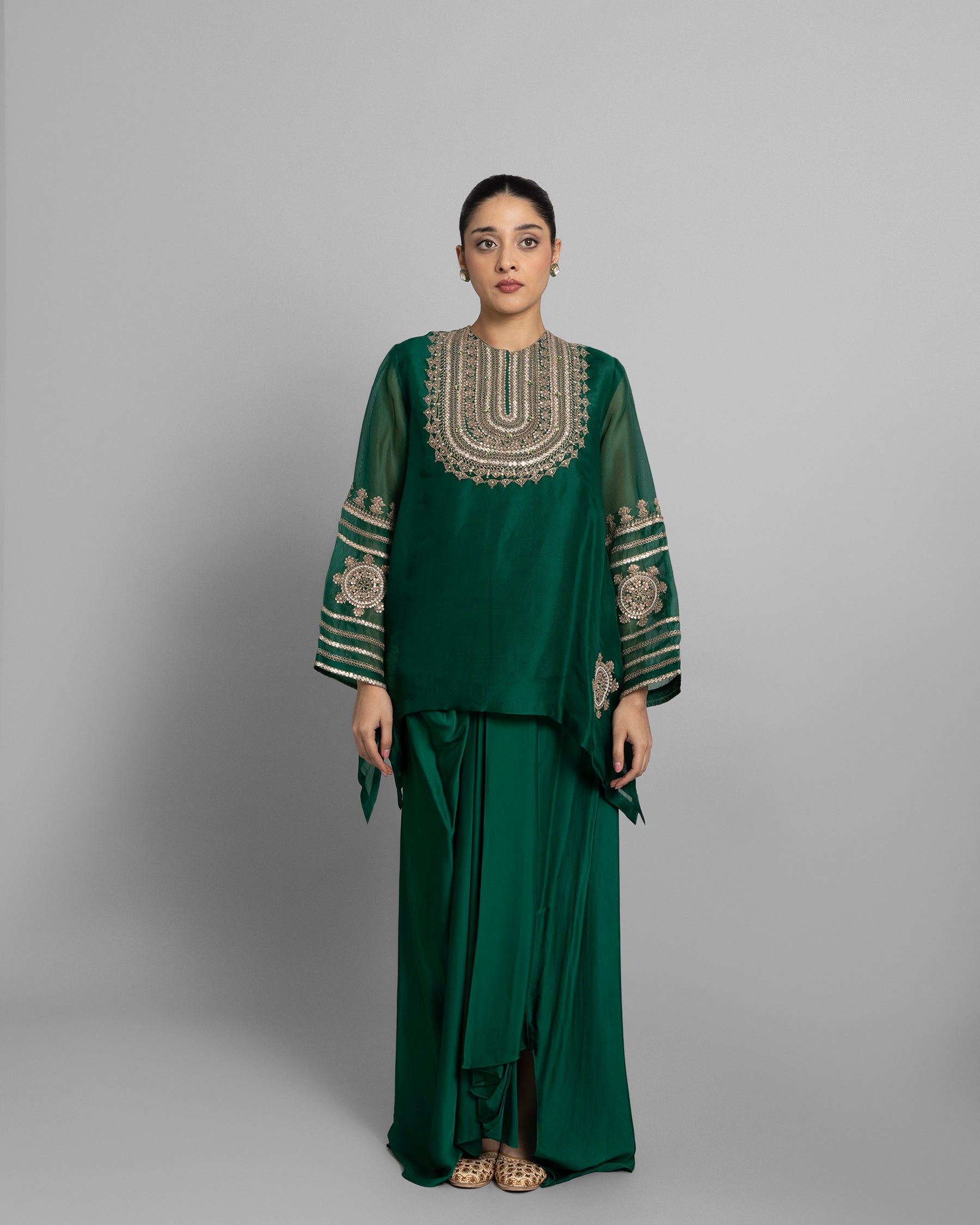 RAMA GREEN ORGANZA CAPE & COWL SET