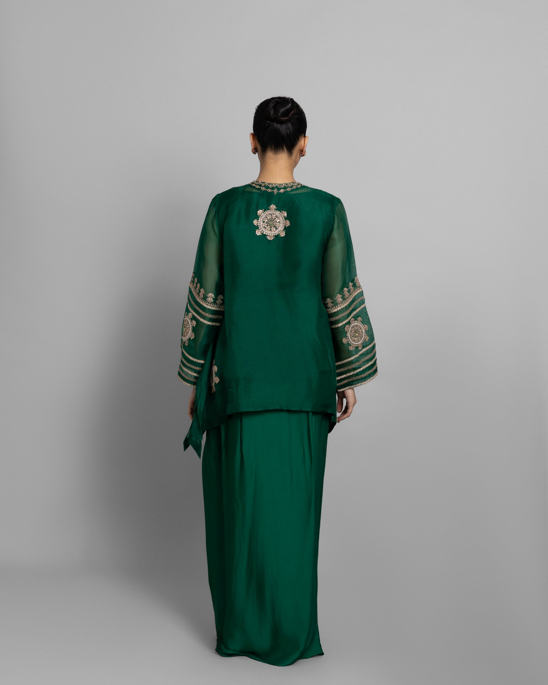 RAMA GREEN ORGANZA CAPE & COWL SET