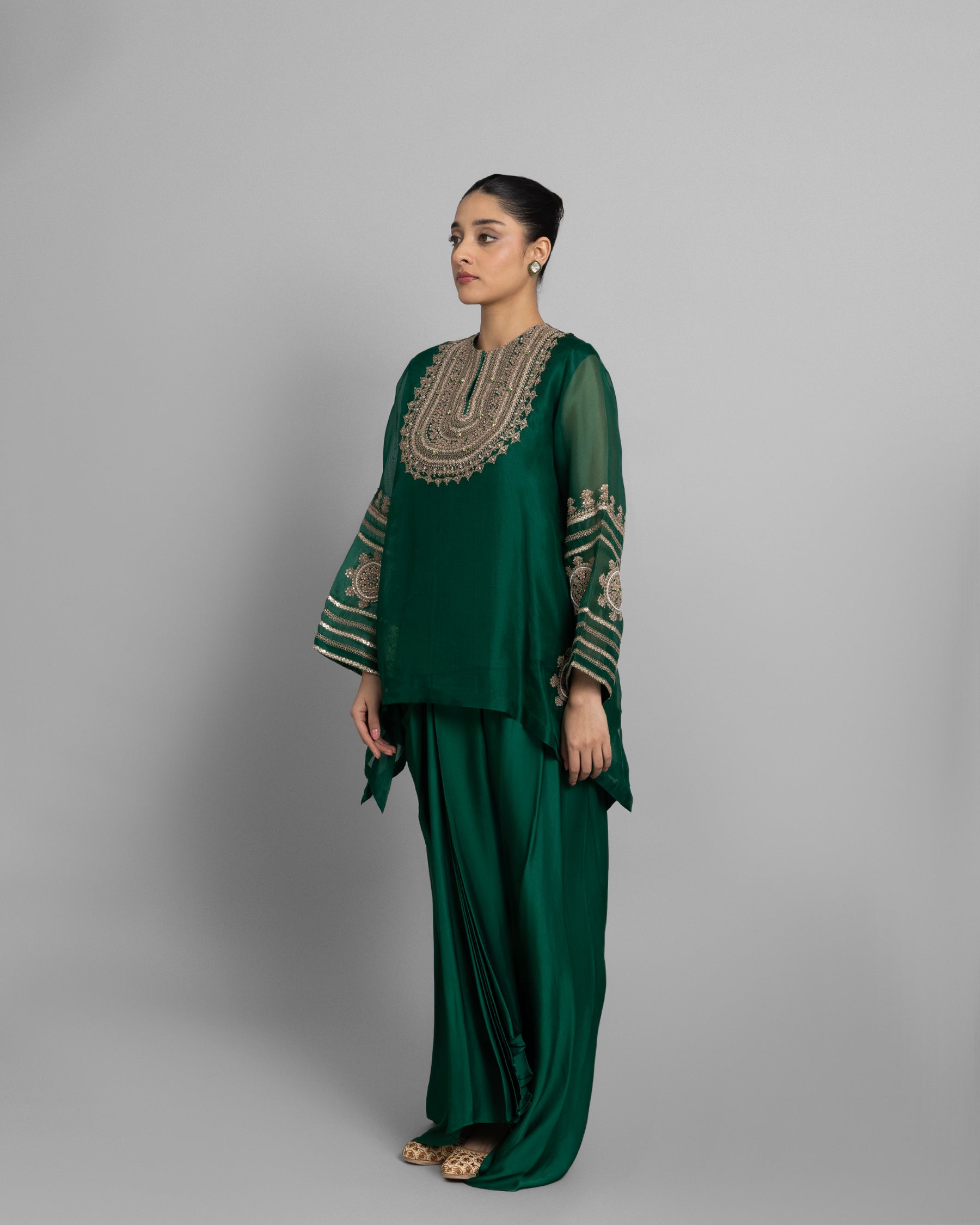 RAMA GREEN ORGANZA CAPE & COWL SET