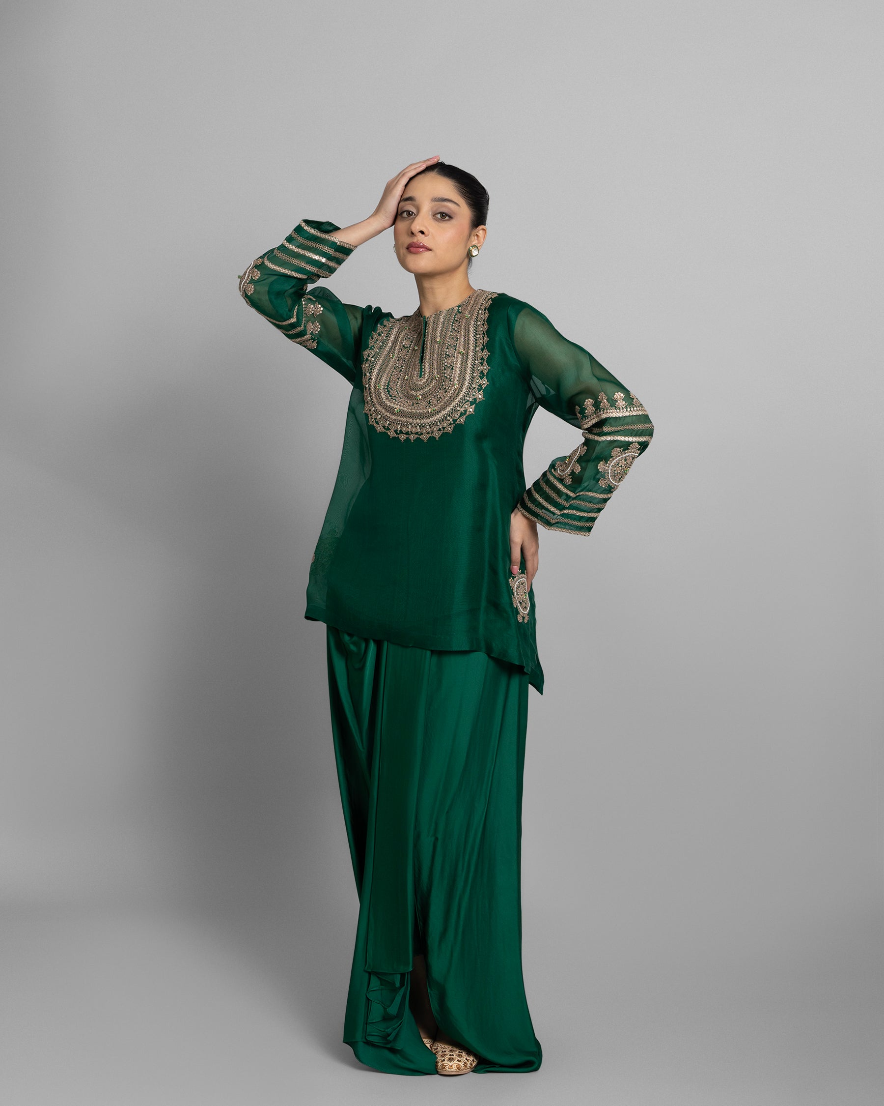 RAMA GREEN ORGANZA CAPE & COWL SET