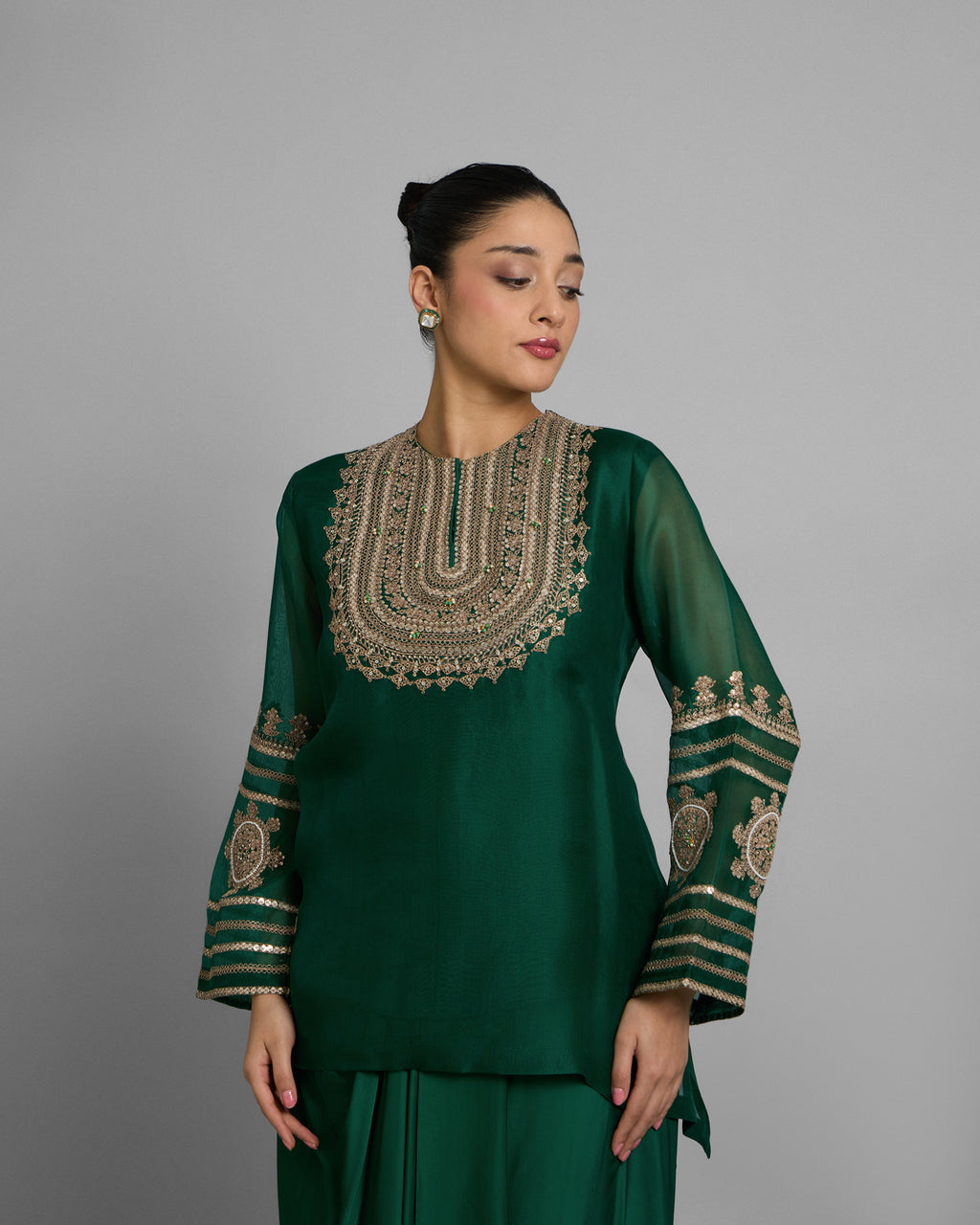 RAMA GREEN ORGANZA CAPE & COWL SET