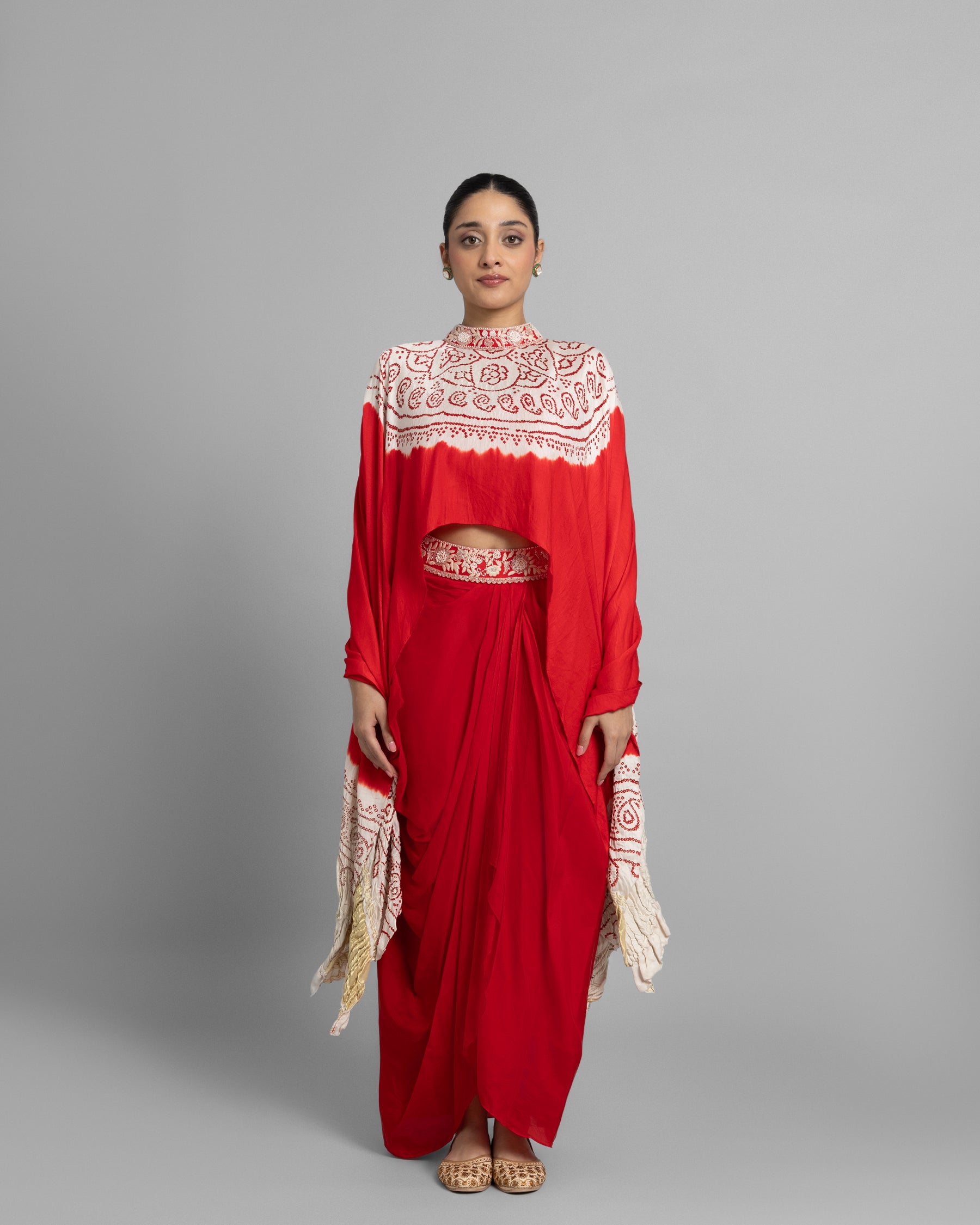 BANDHANI HIGH NECK CAPE WITH COWL SKIRT