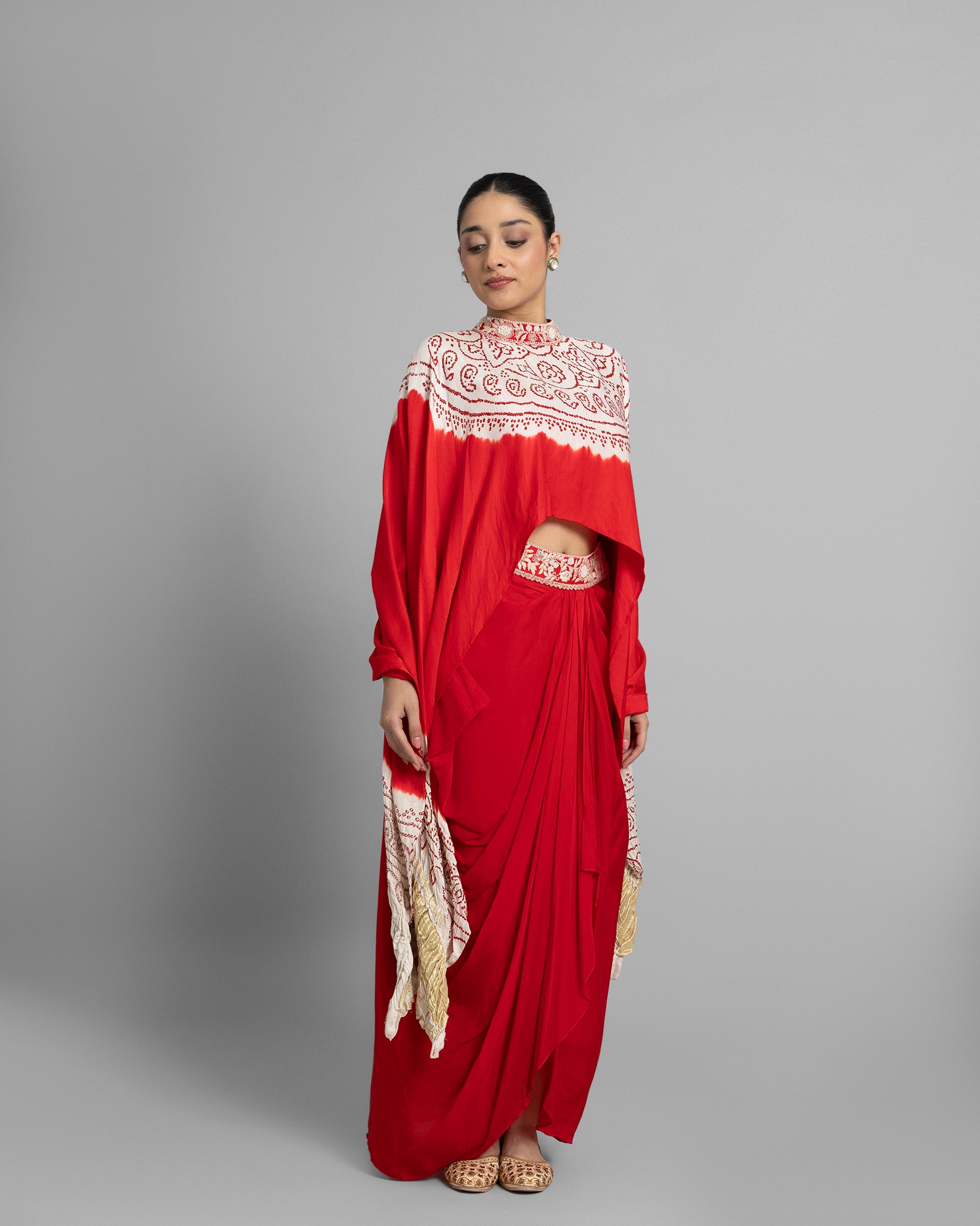 BANDHANI HIGH NECK CAPE WITH COWL SKIRT