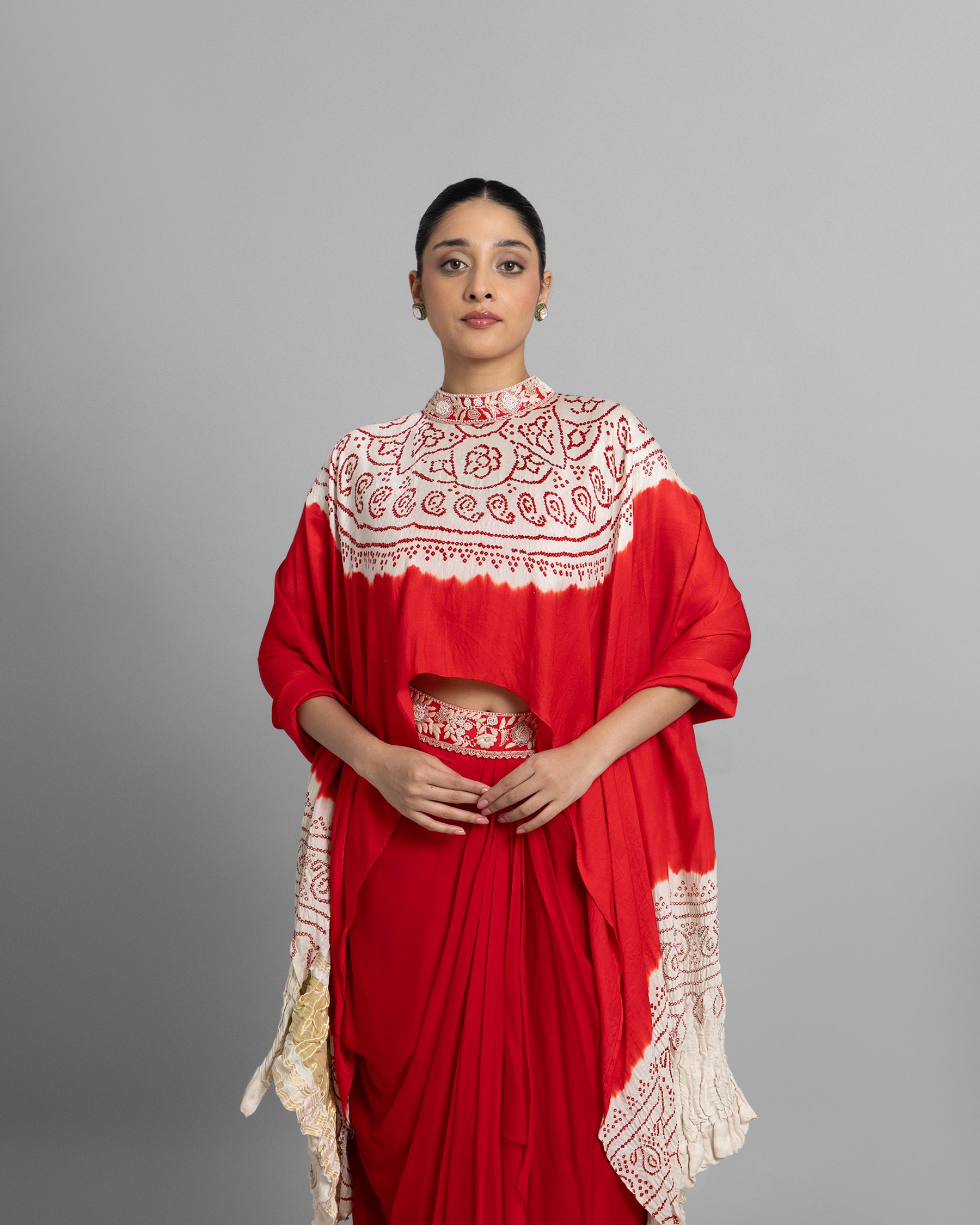 BANDHANI HIGH NECK CAPE WITH COWL SKIRT