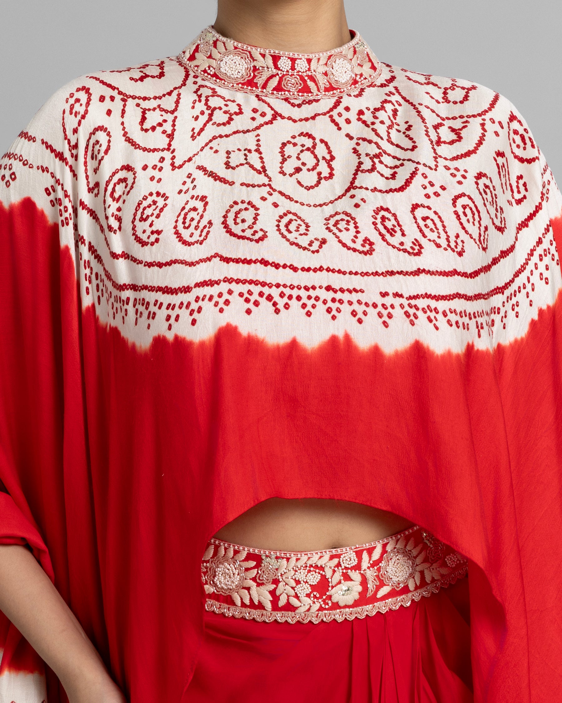 BANDHANI HIGH NECK CAPE WITH COWL SKIRT