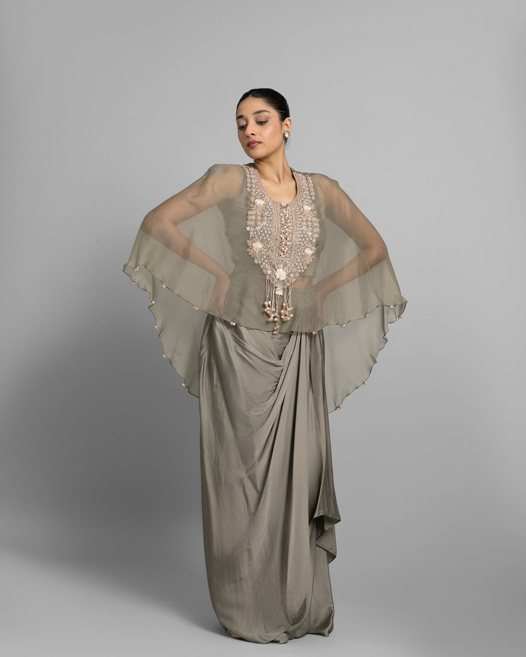 SAGE GREEN PEARL WORK CAPE AND COWL SKIRT