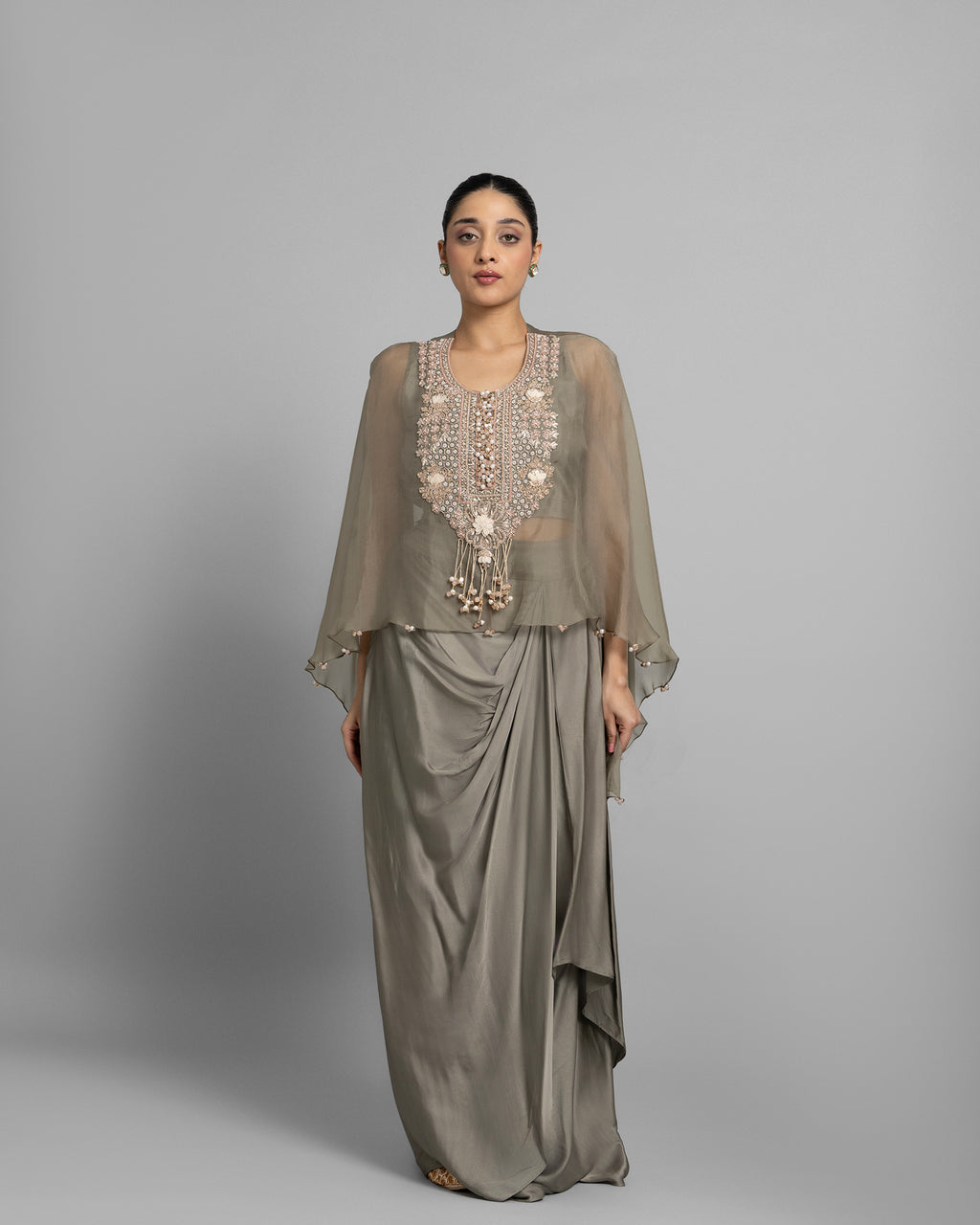 SAGE GREEN PEARL WORK CAPE AND COWL SKIRT