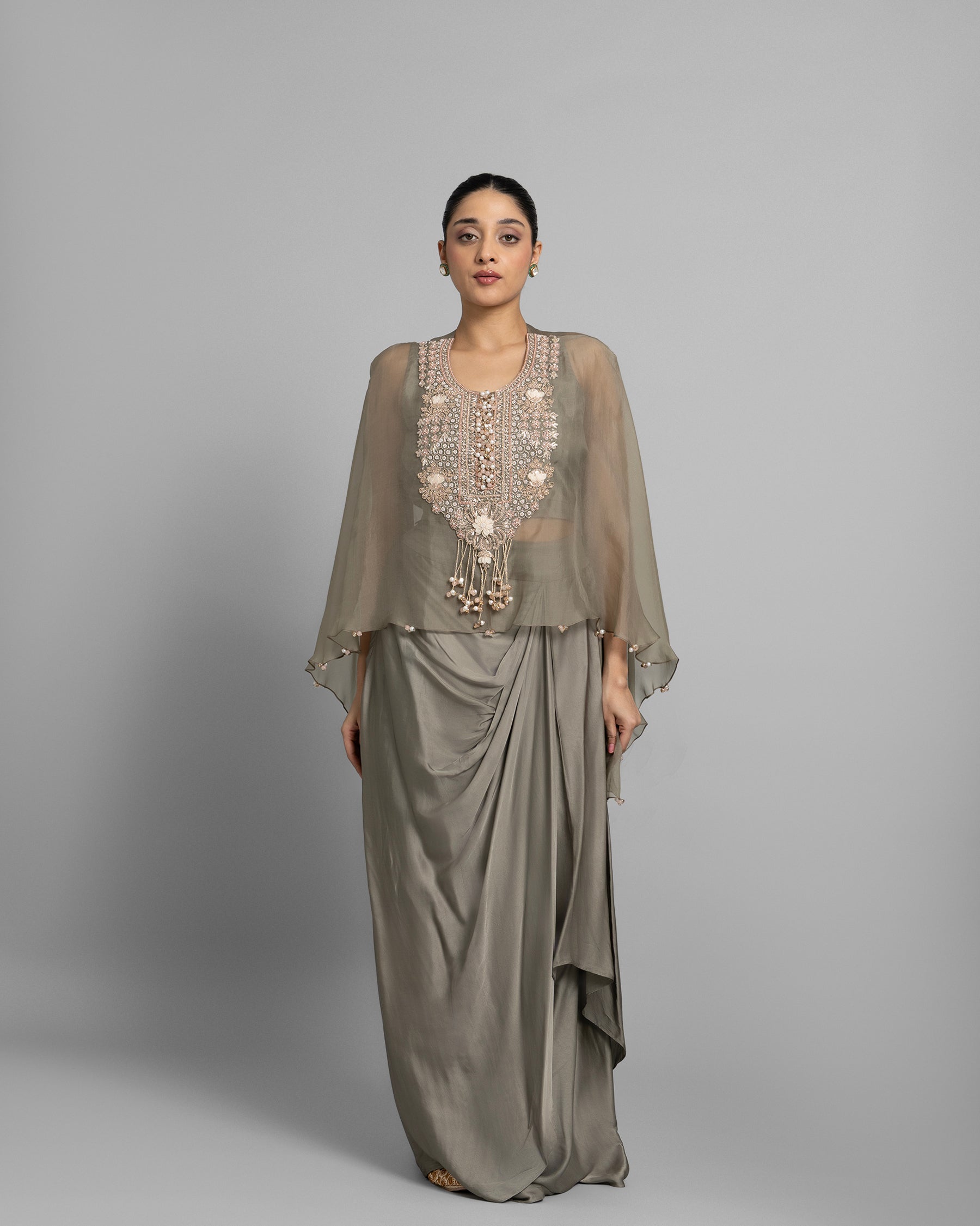 SAGE GREEN PEARL WORK CAPE AND COWL SKIRT