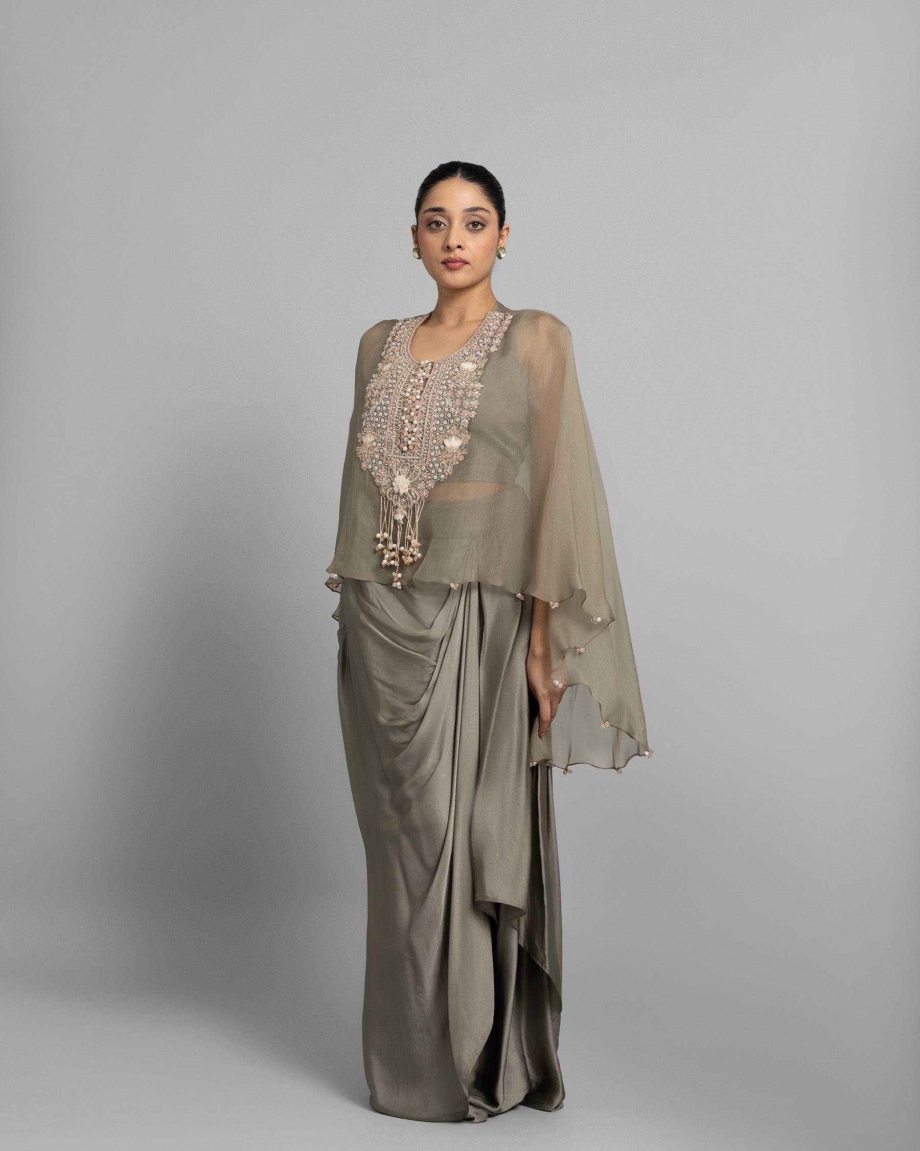 SAGE GREEN PEARL WORK CAPE AND COWL SKIRT