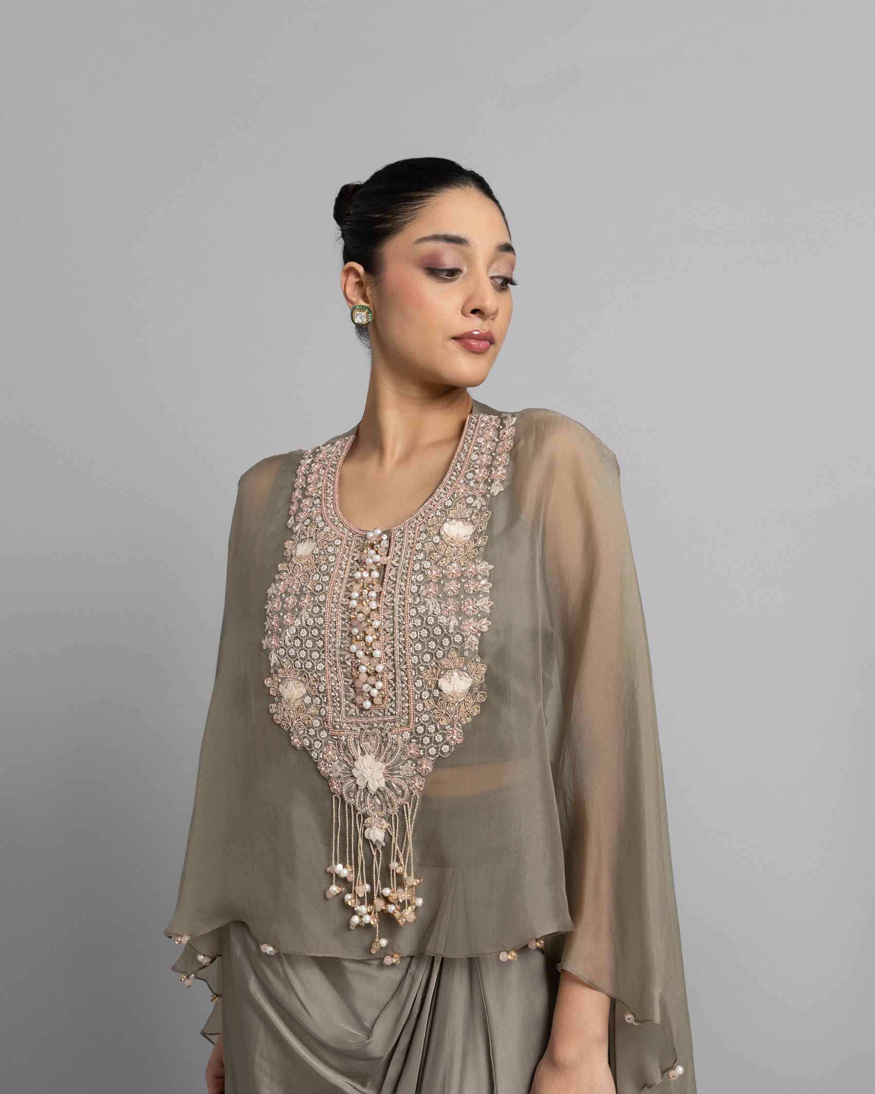 SAGE GREEN PEARL WORK CAPE AND COWL SKIRT