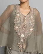 SAGE GREEN PEARL WORK CAPE AND COWL SKIRT