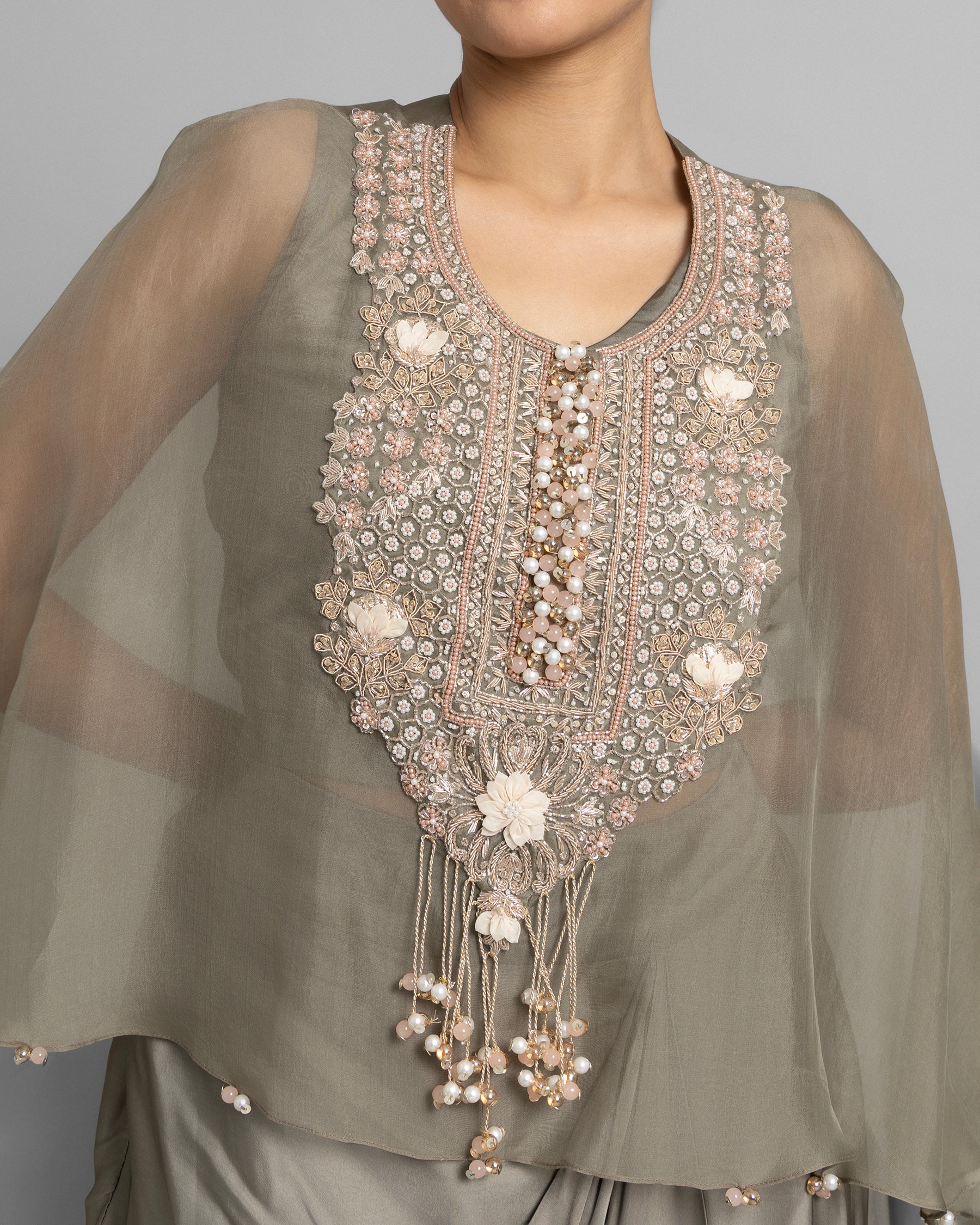 SAGE GREEN PEARL WORK CAPE AND COWL SKIRT