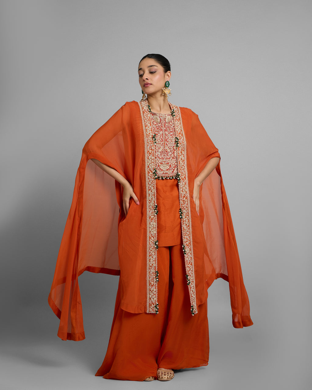 SAFFRON ZARDOZI EMBROIDERED CAPE SET