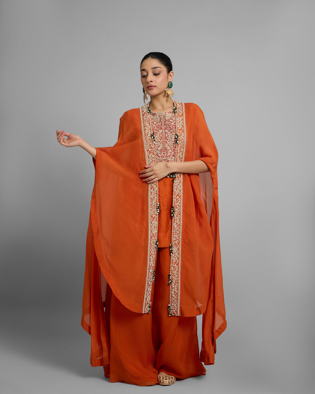 SAFFRON ZARDOZI EMBROIDERED CAPE SET