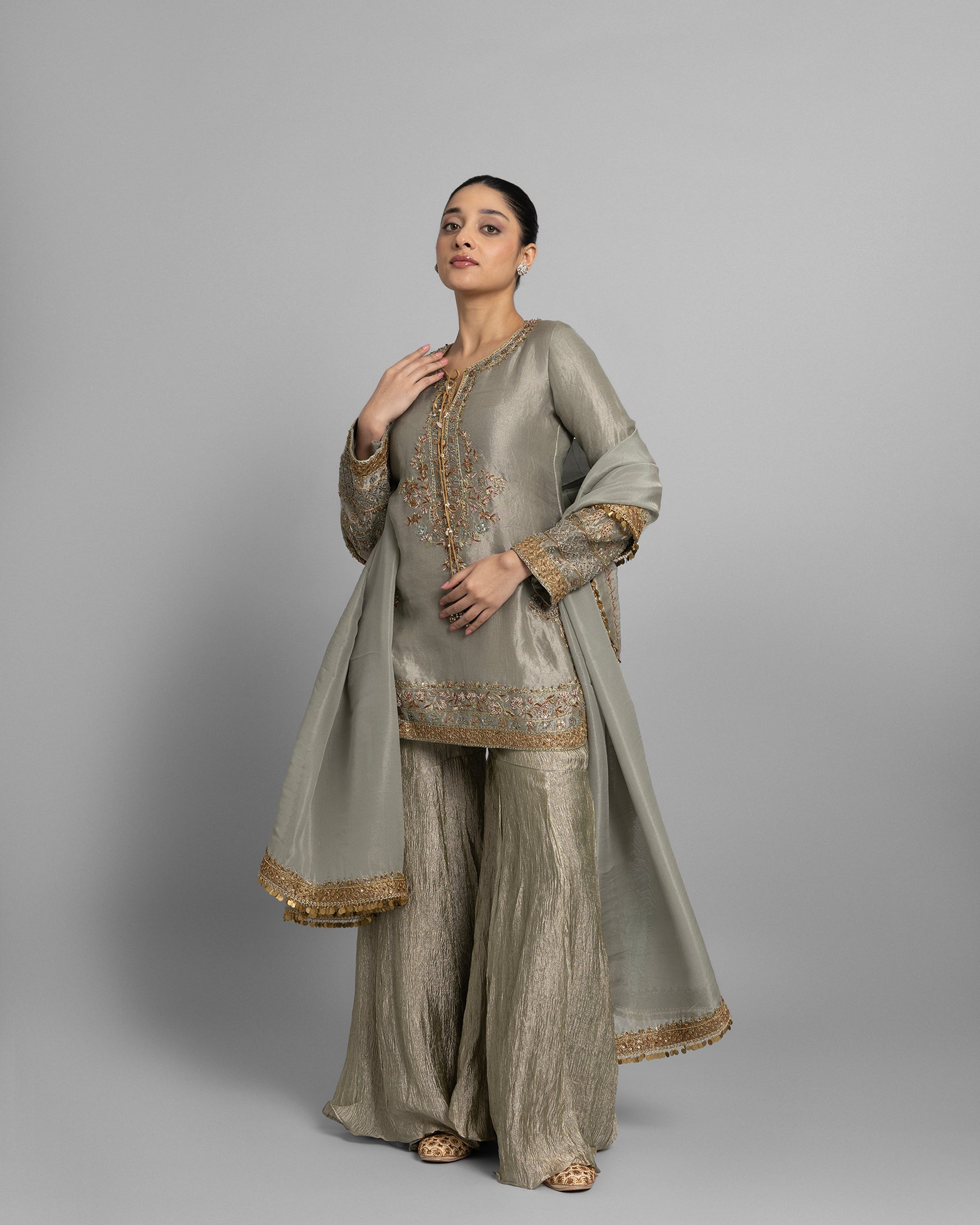 SAGE GREEN TISSUE EMBROIDERED GHARARA SET