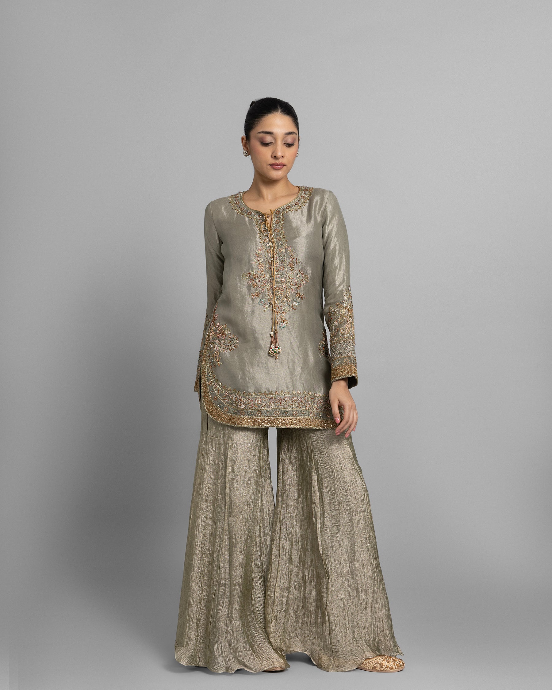 SAGE GREEN TISSUE EMBROIDERED GHARARA SET
