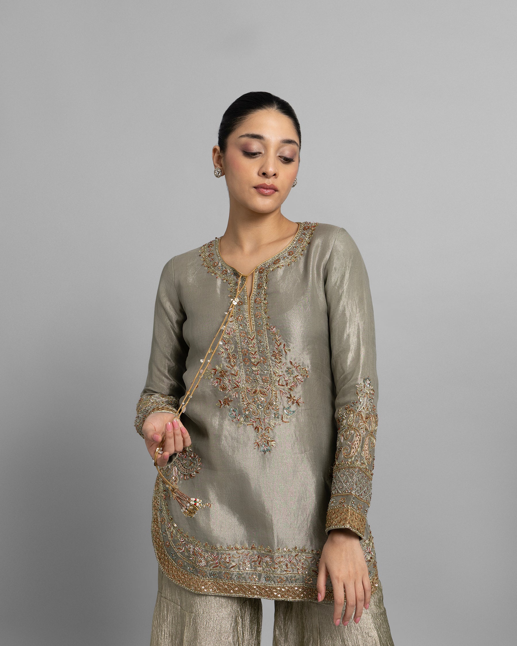SAGE GREEN TISSUE EMBROIDERED GHARARA SET